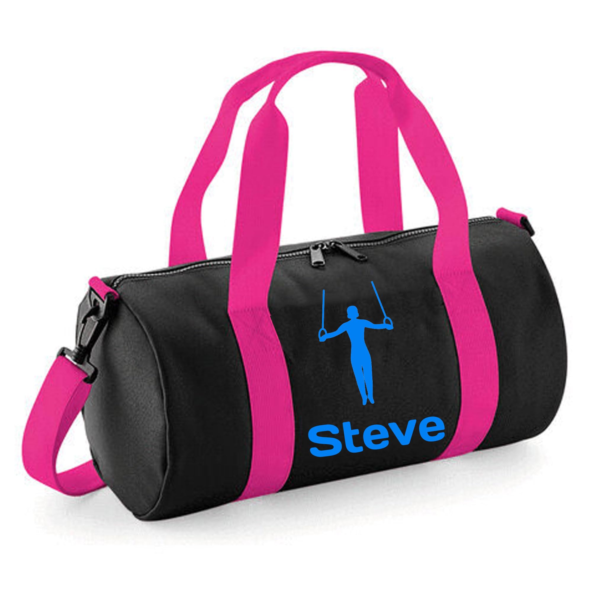 Personalised Gymnastics Bag Boys Dance Bags for Boys Kids Gym Bag Perfect Gymnastics Gifts & Sports Equipment Storage 20x20x40cm 12L Rings Design Barrel Bag for Gymnastics (Black/Hot Pink)