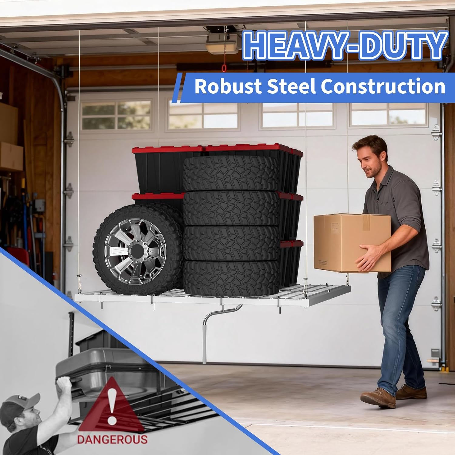 Ceiling Storage Rack, Overhead Garage Lifting Storage Rack, 4x4 ft Carbon Steel, Manual Hand Crank Only, Adjustable Height, 350 lbs Capacity for Garages, Basements, Workshops