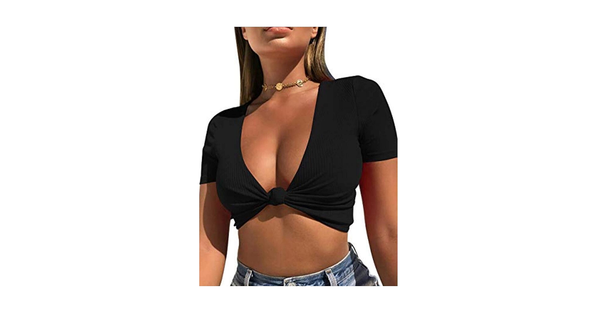 Women's Sexy Deep V Neck Front Knot Summer Crop Shirts Short