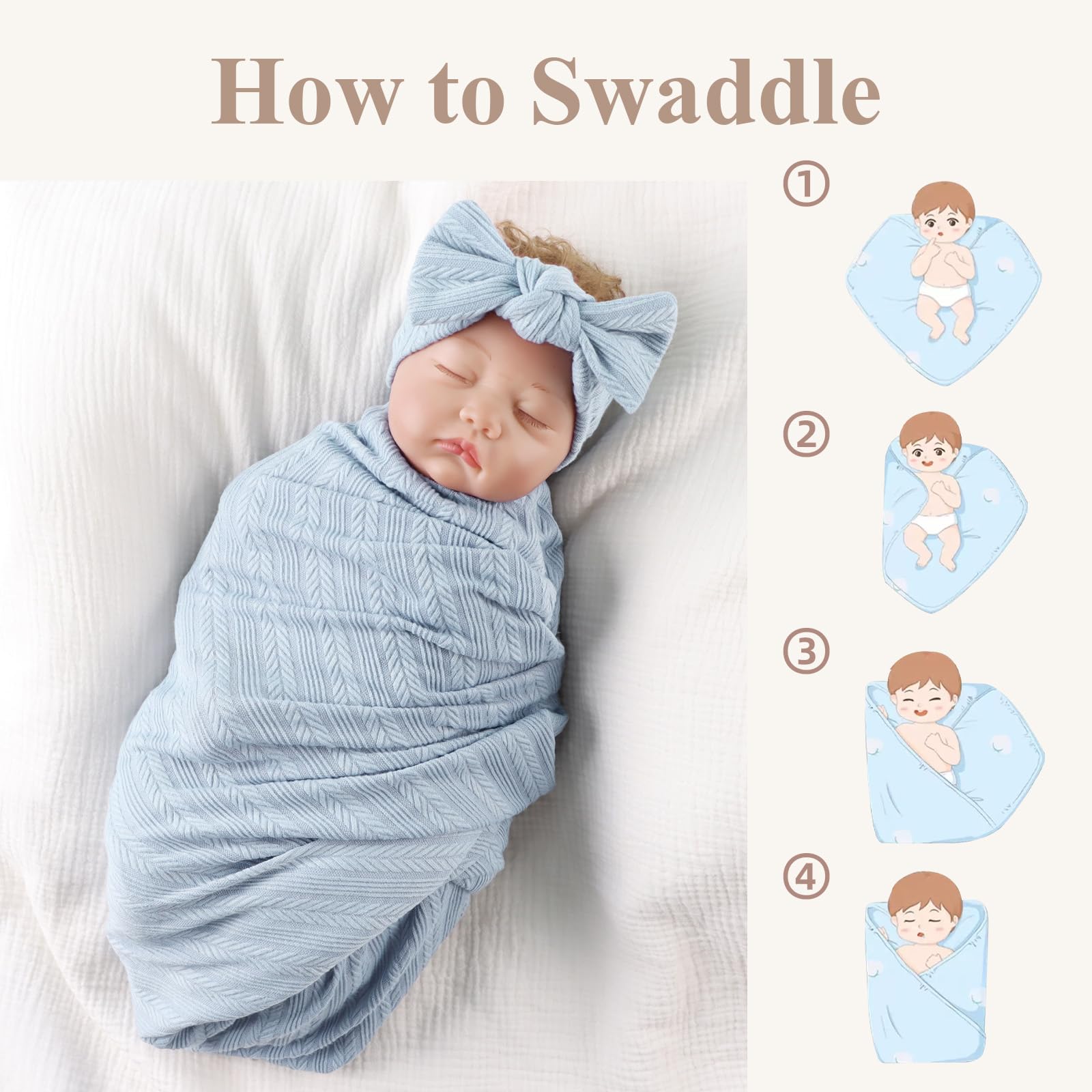 MniJiza Newborn Swaddle Blanket Baby Girls Receiving Blankets with Headband Beanie Hat Set Soft Nursery Swaddle Wrap (Blue) - Image 4