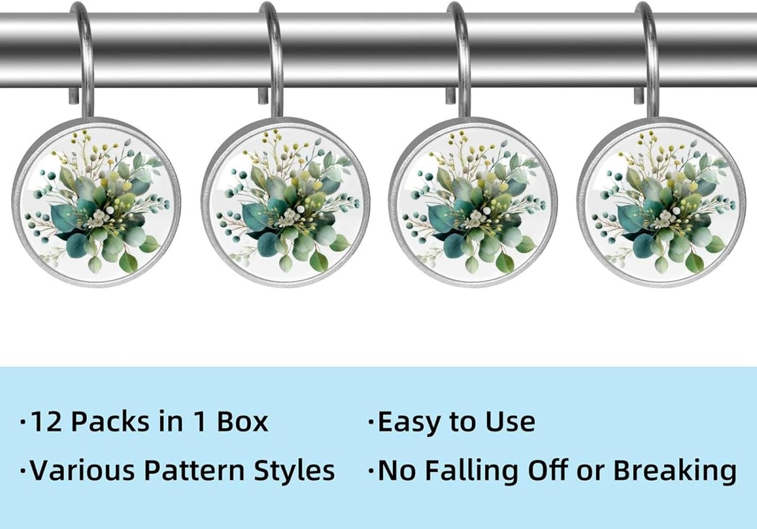 Green Leaf Branches (6) Round Crystal Glass Decorative Shower Curtain Hooks with 3D Pattern Visual, Rust Proof Shower Curtain Rings-12 Pack