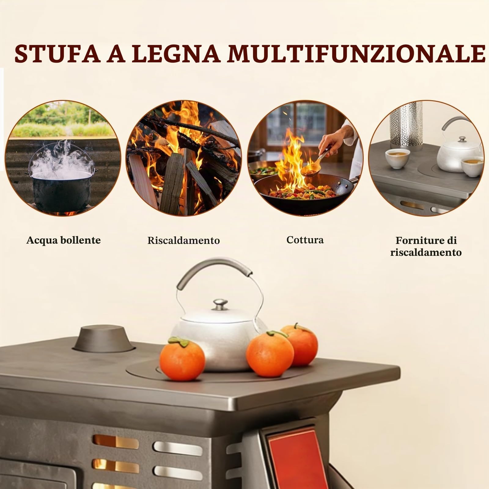 Stufa A Legna, Stufe A Pellet Con Forno E Valvola Di Ventilazione Regolabile, Legna Da Ardere E Carbone A Doppio Uso For Cucinare, Riscaldare, Bollire L'Acqua