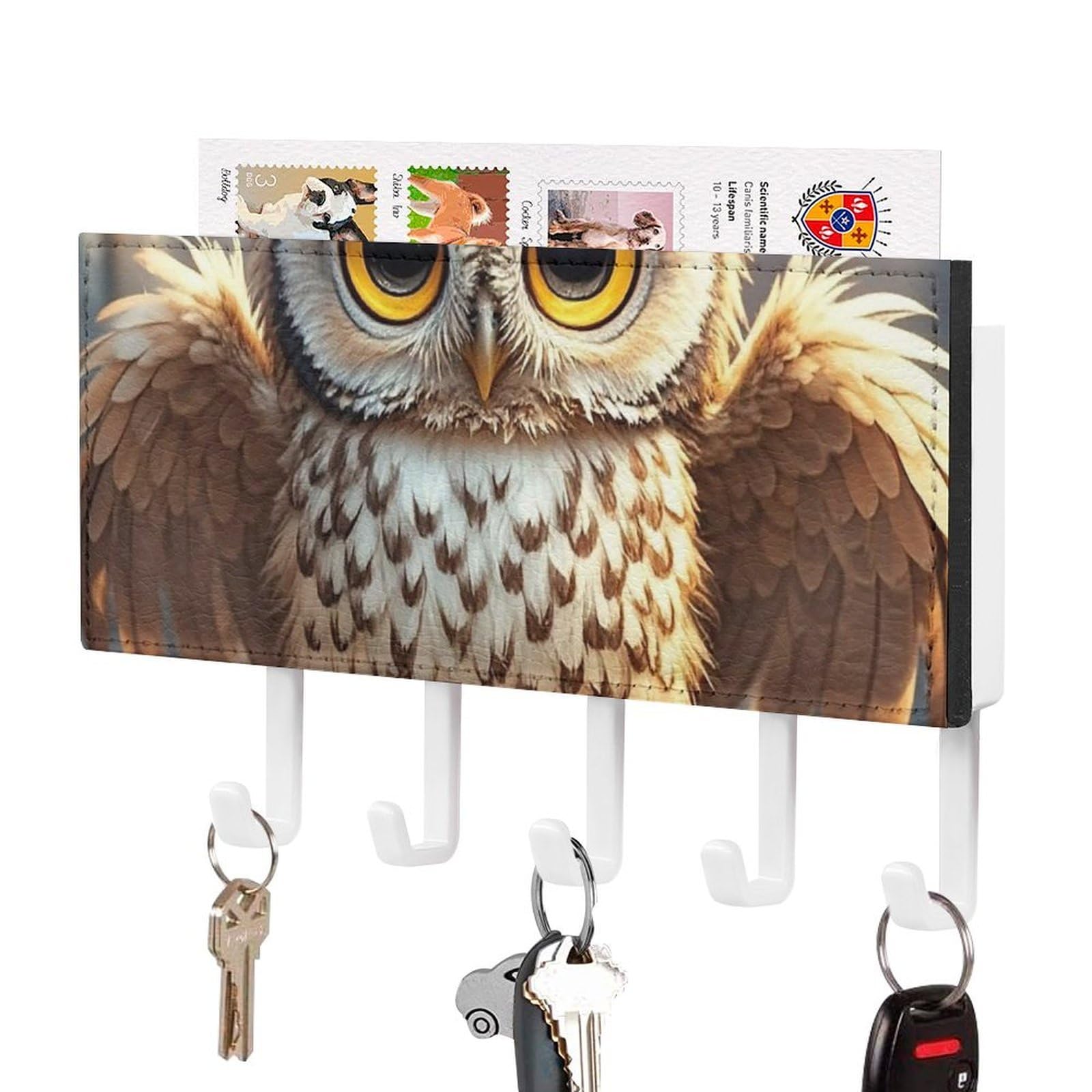 Fekiloot White-Style Cute Owl Key Holder Wall Mount Key Hanger With 5 Hooks Decorative Key Rack Hanging Key Hooks With Mail Organizer Key Holder For Wall Living Room Kitchen Bathroom Hallway White