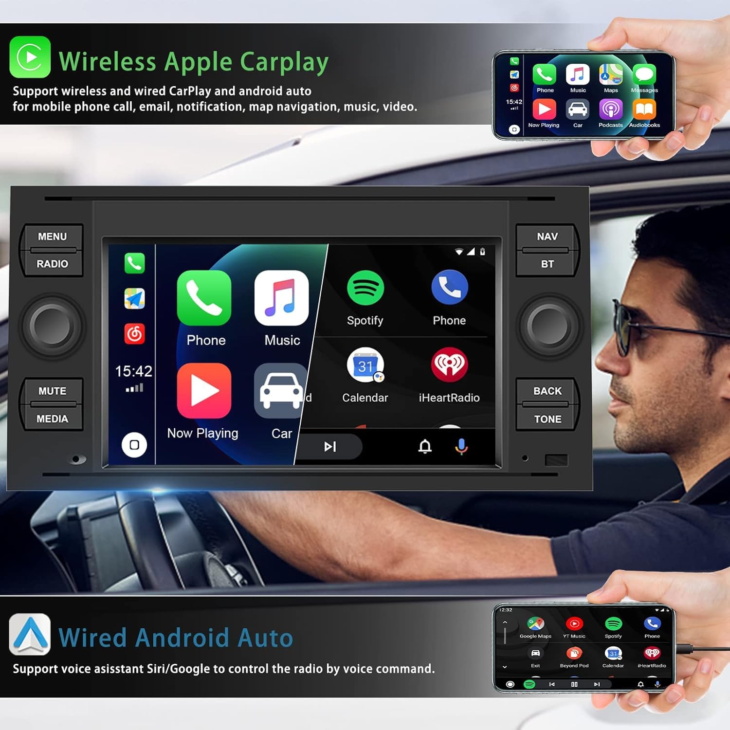 CAMECHO Android 13 autoradio met Carplay Android auto voor Ford Fiesta Focus Mondeo Galaxy S-Max, 7 inch scherm [1 32G] Bluetooth radio met navigatie WiFi handsfree FM-radio achteruitrijcamera