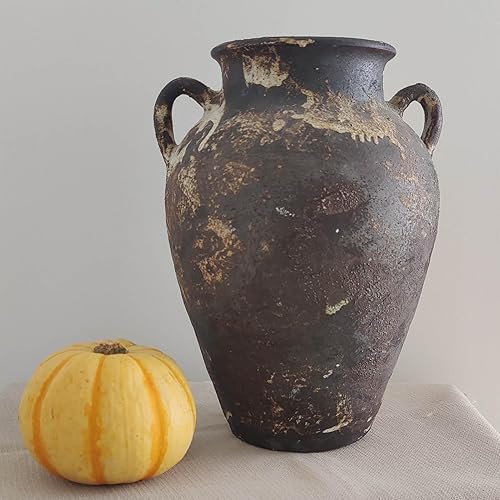 Miniatura 6 de Jarrón de cerámica negra  Jarrón rústico de granja de 10 pulgadas, jarrones de terracota envejecidos vintage, jarrones de arcilla hechos a mano con