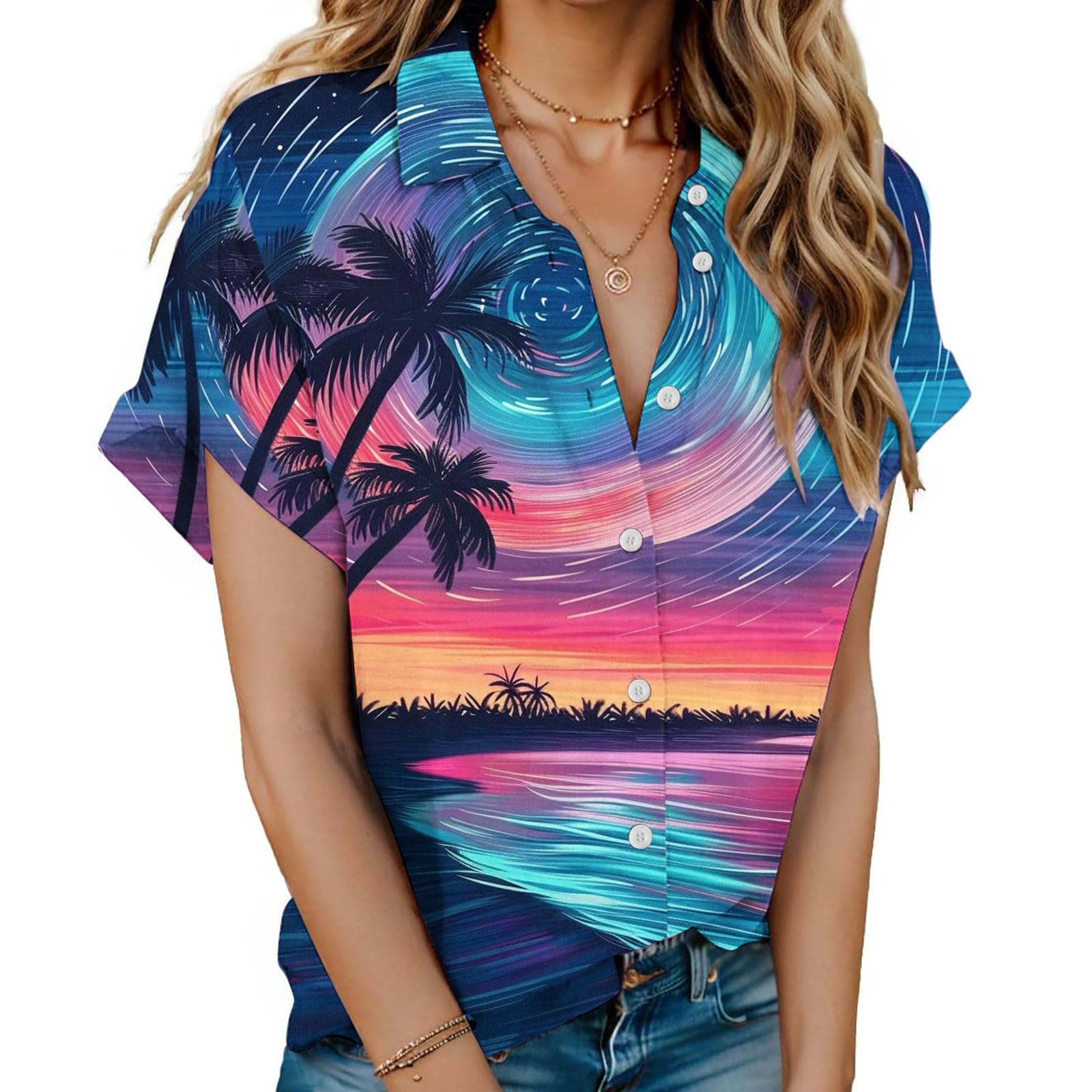 HAOLEI Casual Camisa Hawaiana Mujer,Camisetas Manga Corta Mujer de Solapa con Botones Holgada Camisa Mujer con Estampado de Elementos de Playa Ocio Camisetas Mujer Verano Blusa Mujer Playa