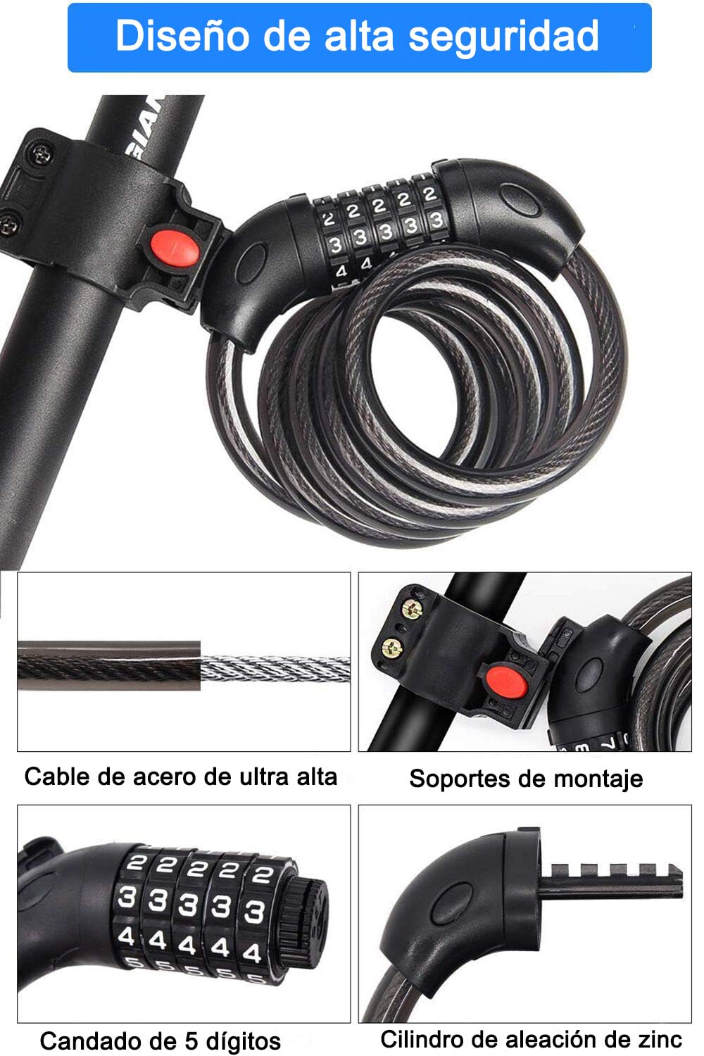 REHKITTZ Candado Bicicleta Cadena Bici Combinacion 5 Dígitos 120cm/12mm Largo Candados Antirrobo Bicicletas Seguridad para MTB Patinete Carretilla