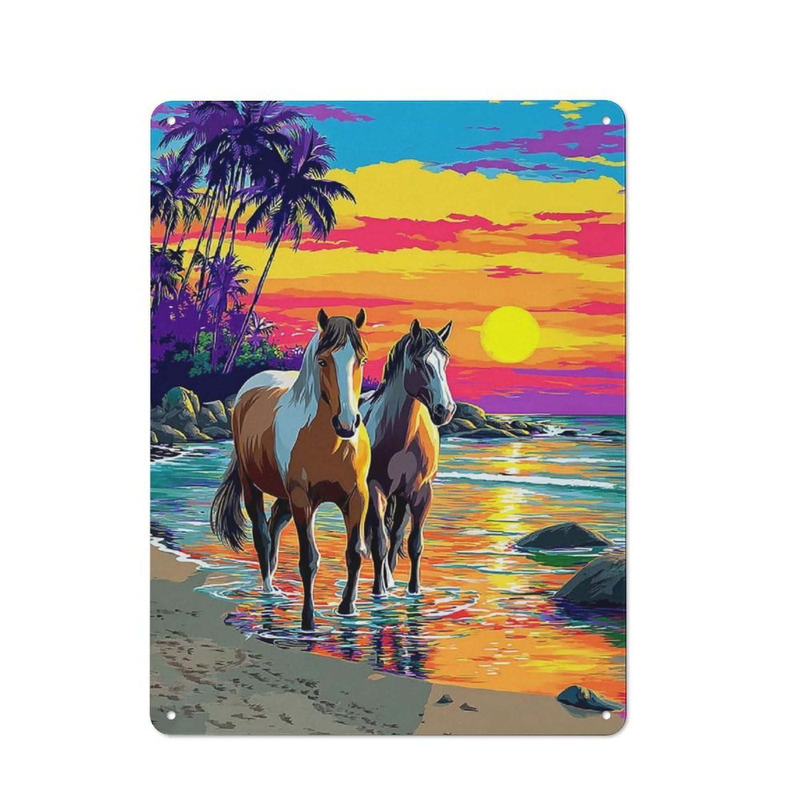 Junmoney Beach Sunset Horses Art Print Understated Decorative Metal Sign 40X30cm Featuring Study Room Decor For Workspace, Cafe, Shop Or Desk Area