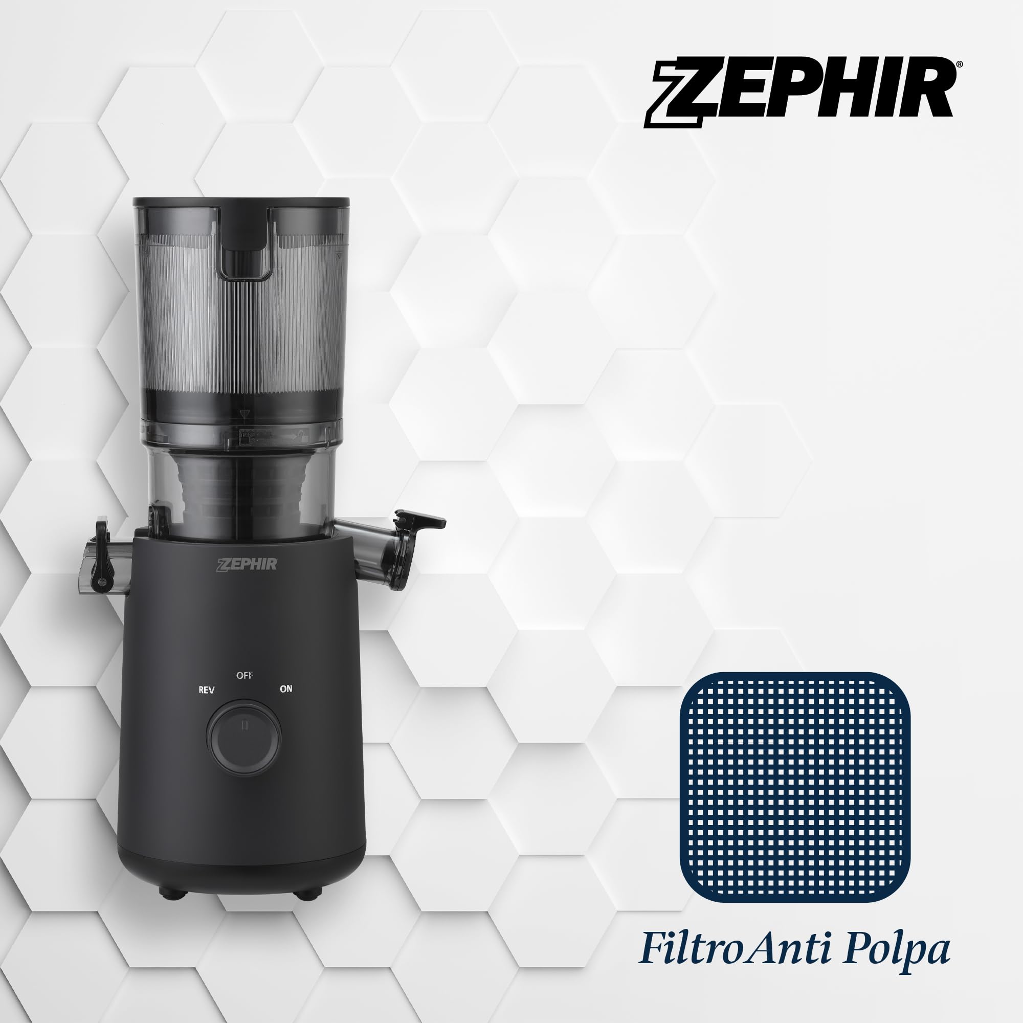 Zephir Estrattore Di Succo Frutta E Verdura 150W, 45 Giri/Min, Apertura XL 11 Cm, Contenitore 1,3L, Funzione Reverse, Separazione Succo E Residui