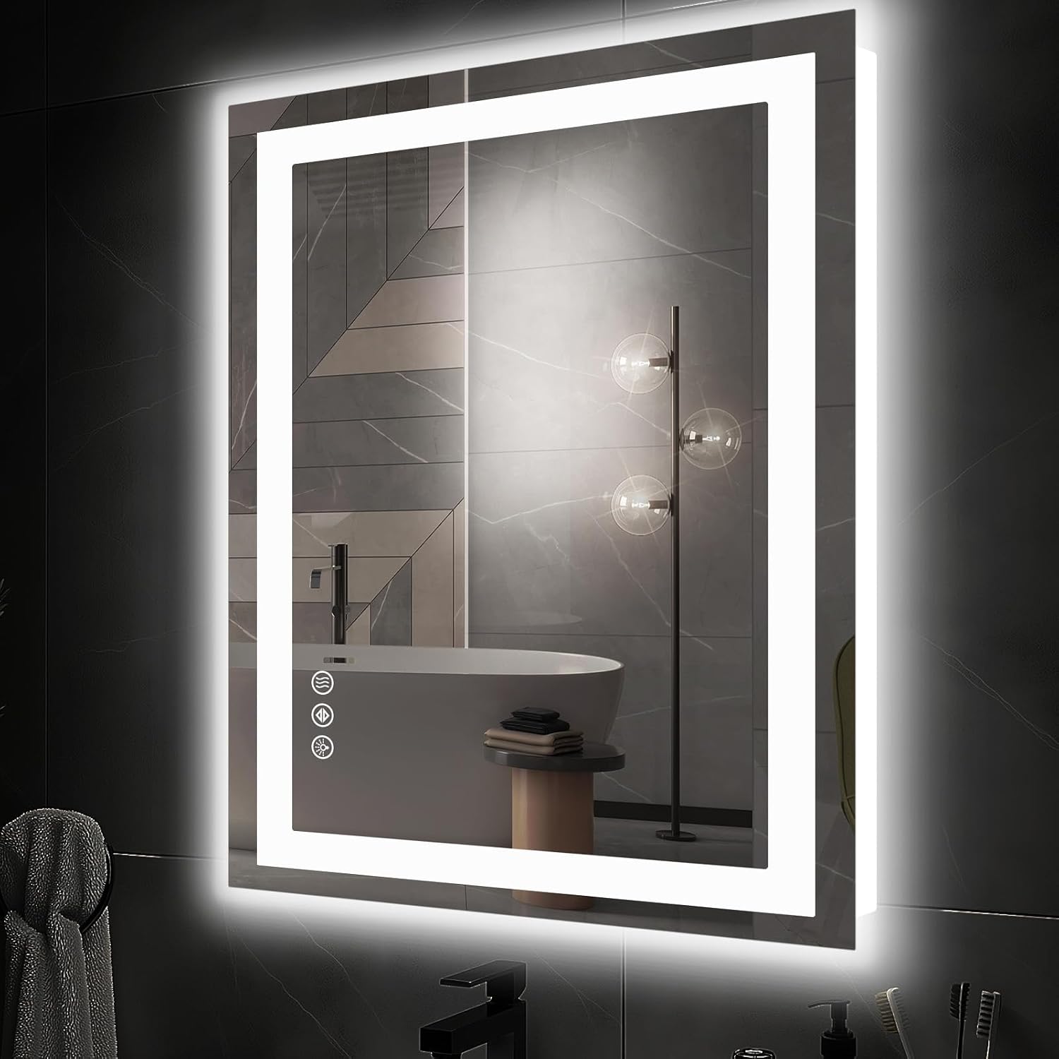DUMOS 36"x 24" LED Bathroom Mirror with Lights, Dimmable Anti-Fog Front Lit Backlit Lighted Wall Mounted Rectangle for Vanity Makeup Memory Function Tempered Glass Shatter-Proof Horizontal&Vertically