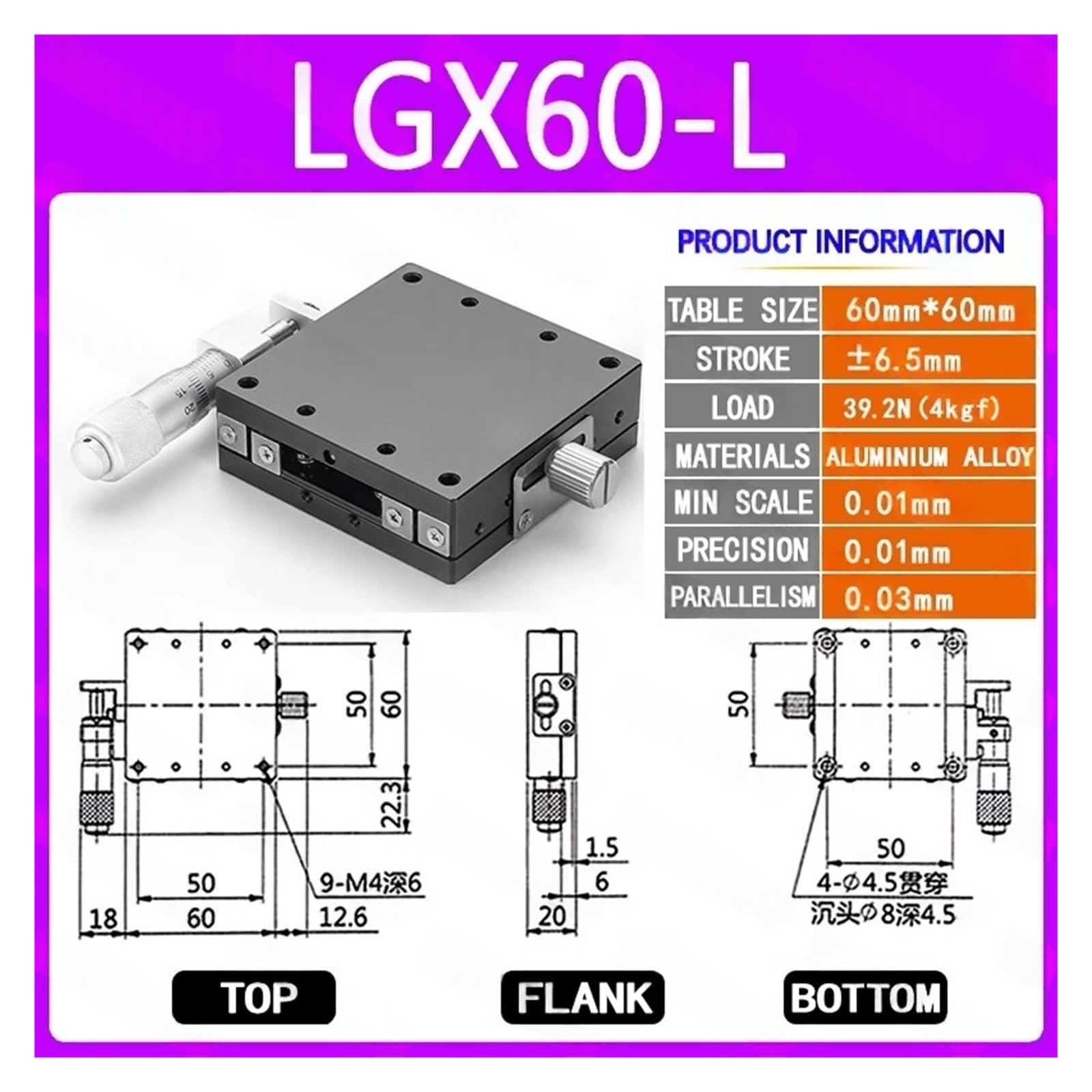 Micrometro de 60 x 60 mm, Mesa Deslizante con guía Tipo riel, Mesa Deslizante de Desplazamiento LGX60-R LGX60-L LGX60-C (LGX60-L)