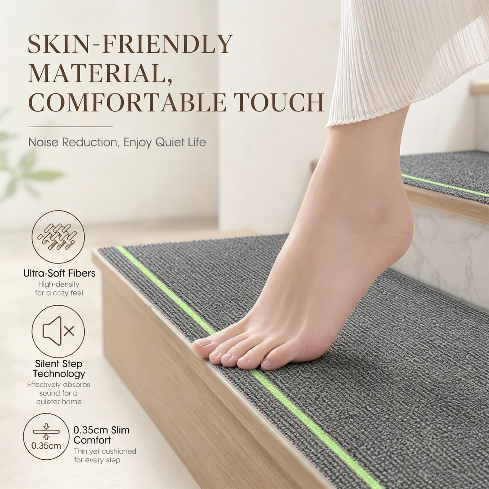 15 Stück Treppenstufen Matten 76cm x 20cm, Stufenmatten Selbstklebend mit Glow in Dark Streifen, Polyester Treppenstufen Antirutsch für Kinder, Ältere und Haustiere (Dunkelgrau)