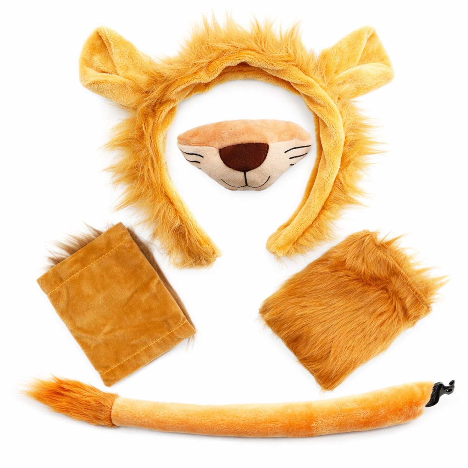 YONEEKSS 5 Pieces Lion Fancy Accessories, Lion Costume Set Including Lion's Tail Nose Ears Headband Claw Gloves for Halloween Fancy Dress Party Cosplay