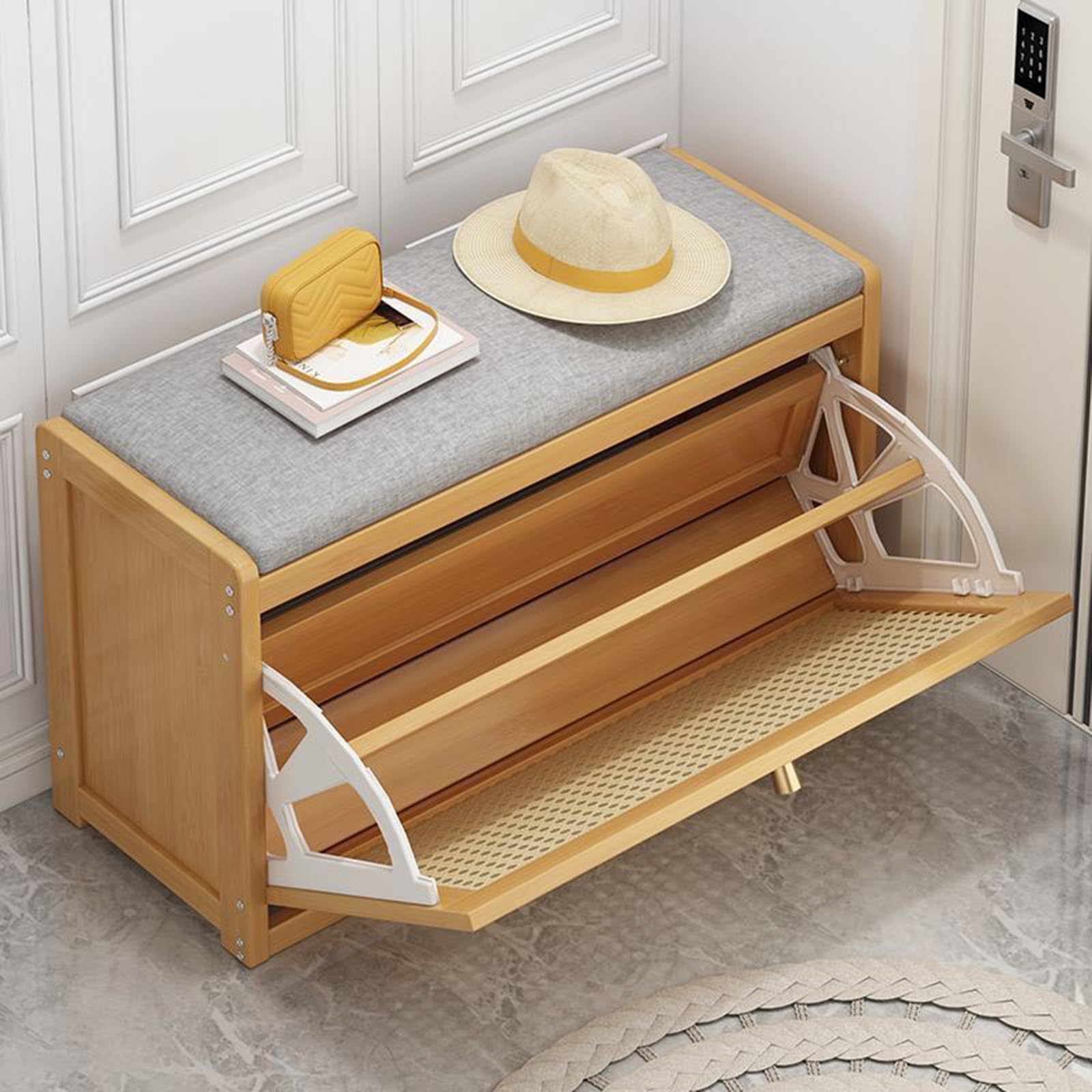 Zapatero estrecho con asiento acolchado, 2 cajones, zapatero de madera de 2 niveles con puertas de ratán y estantes ajustables para entrada y pasillo (70 cm)