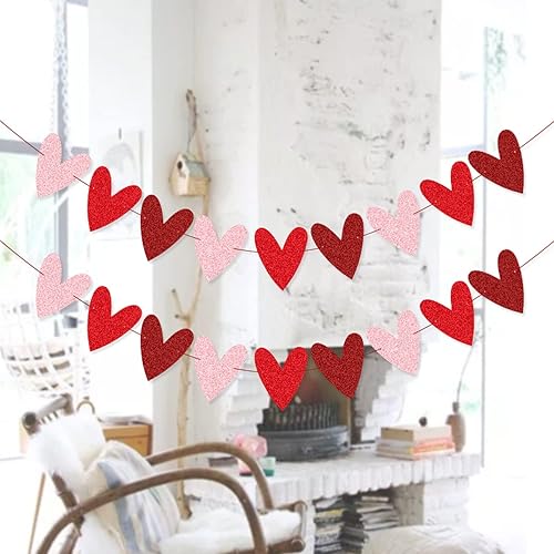 Miniatura 4 de XIANMU Paquete de 2 guirnaldas de corazón con purpurina para decoración del día de San Valentín, diseño romántico de corazón para aniversario, boda,