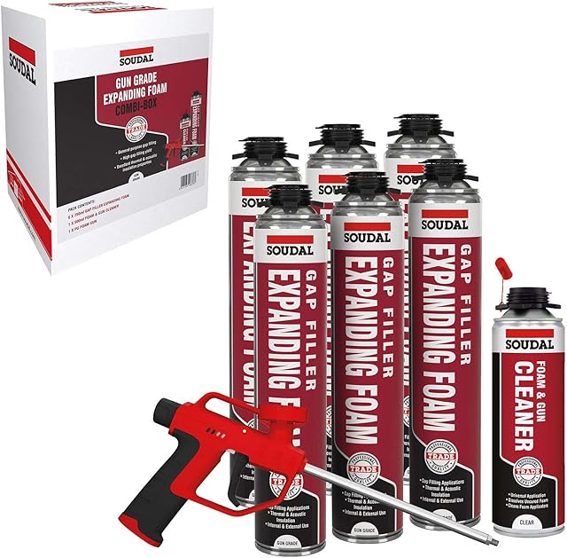 Gap Filler Expanding Foam Soudal Kit 6 x 750ml Cans 1 x Gun 1 x Cleaner