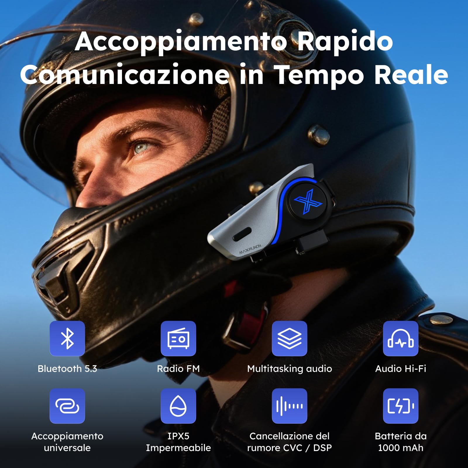 D9 Interfono Moto Coppia, 2 Piloti Auricolare Casco, Bluetooth 5.3
