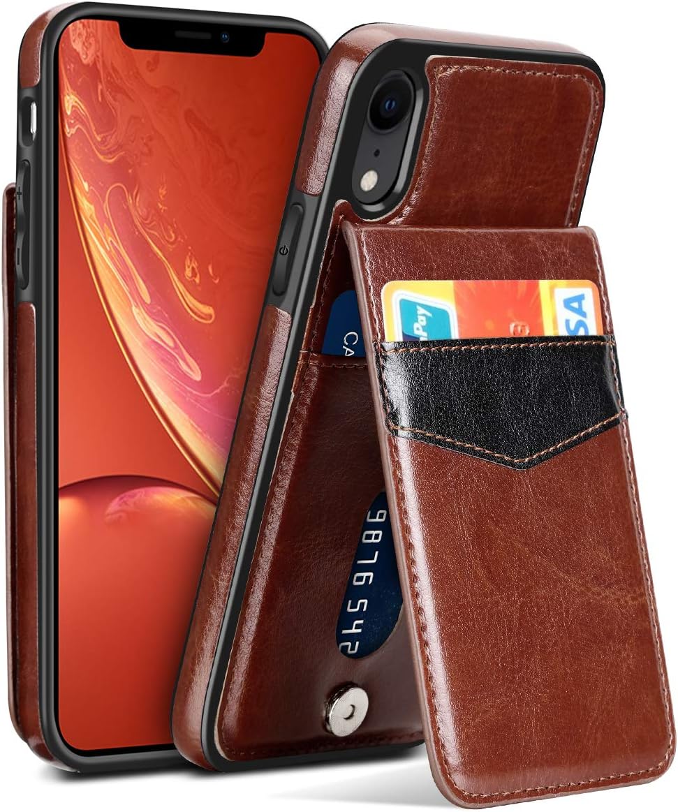 SAMONPOW Case for iPhone XR Faux Leather Back Flip iPhone XR Wallet Case with Card Holder ID Credit Debit Card Driver License Slim Fit Carrying Cover for iPhone XR (2018) 6.1 Brown