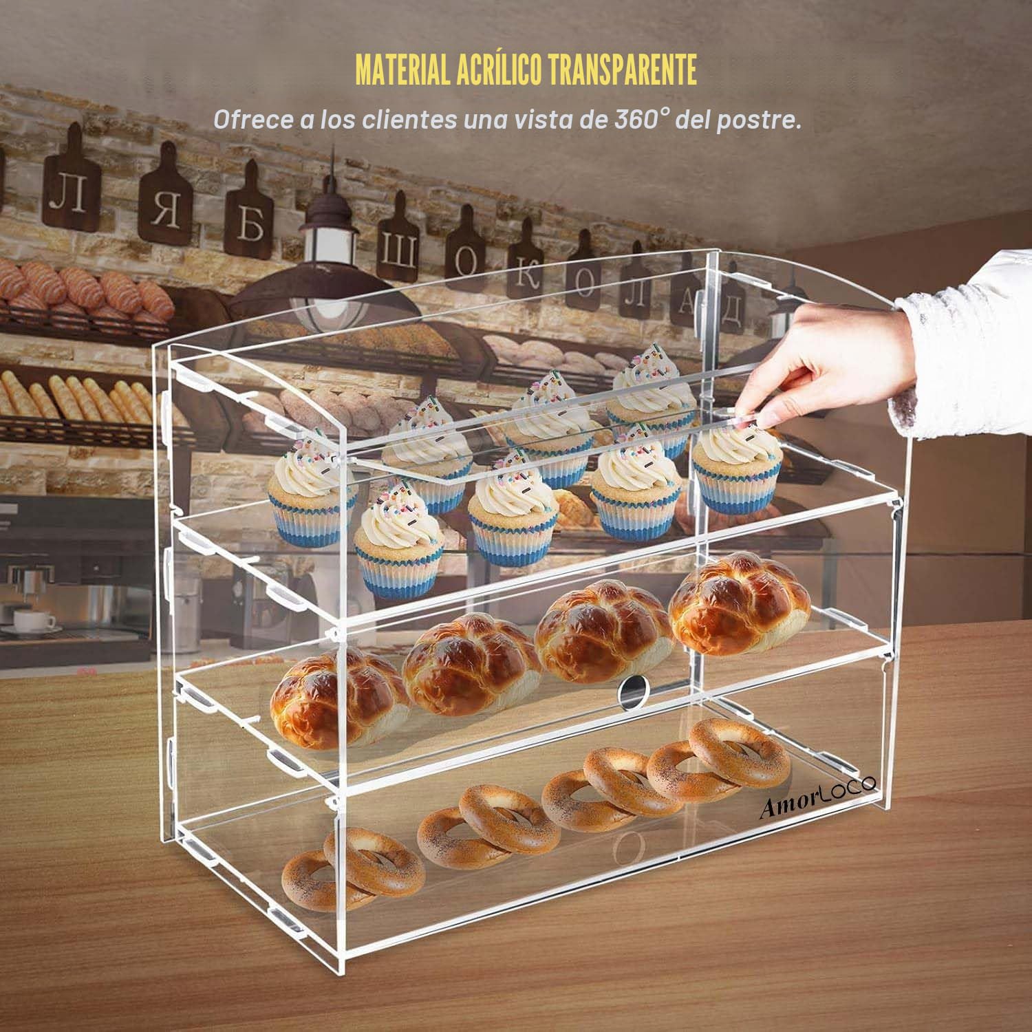 AmorLoco Vitrina 3-niveles para panadería, pastelería, vitrina acrílica transparente, gabinete comercial, sándwiches, pan, caja de donas, queso, galletas, organizador