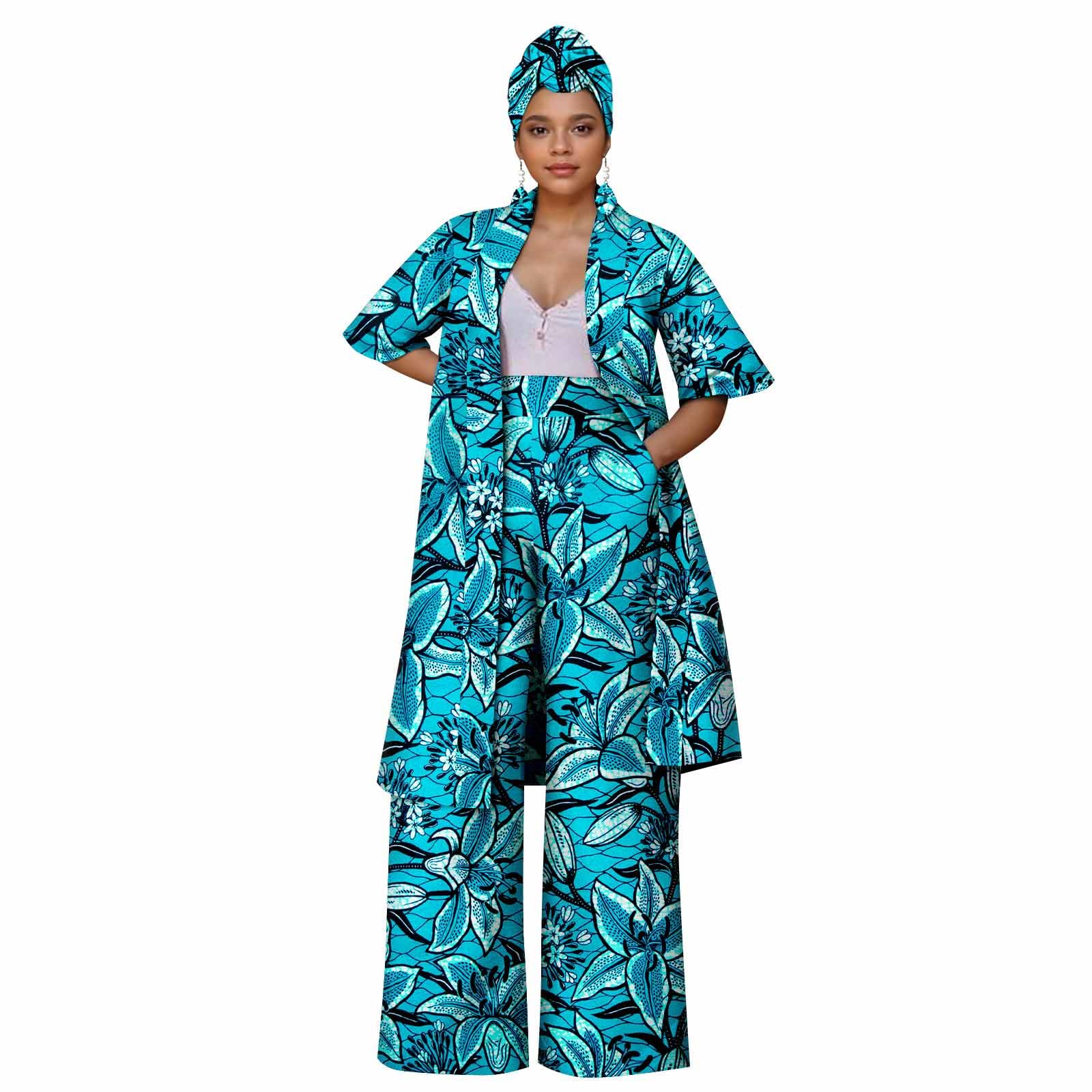 African Coat for Women 2 Piece Suit Set Traditional Ankara Print Jacket and Pants with Headwrap and Earrings