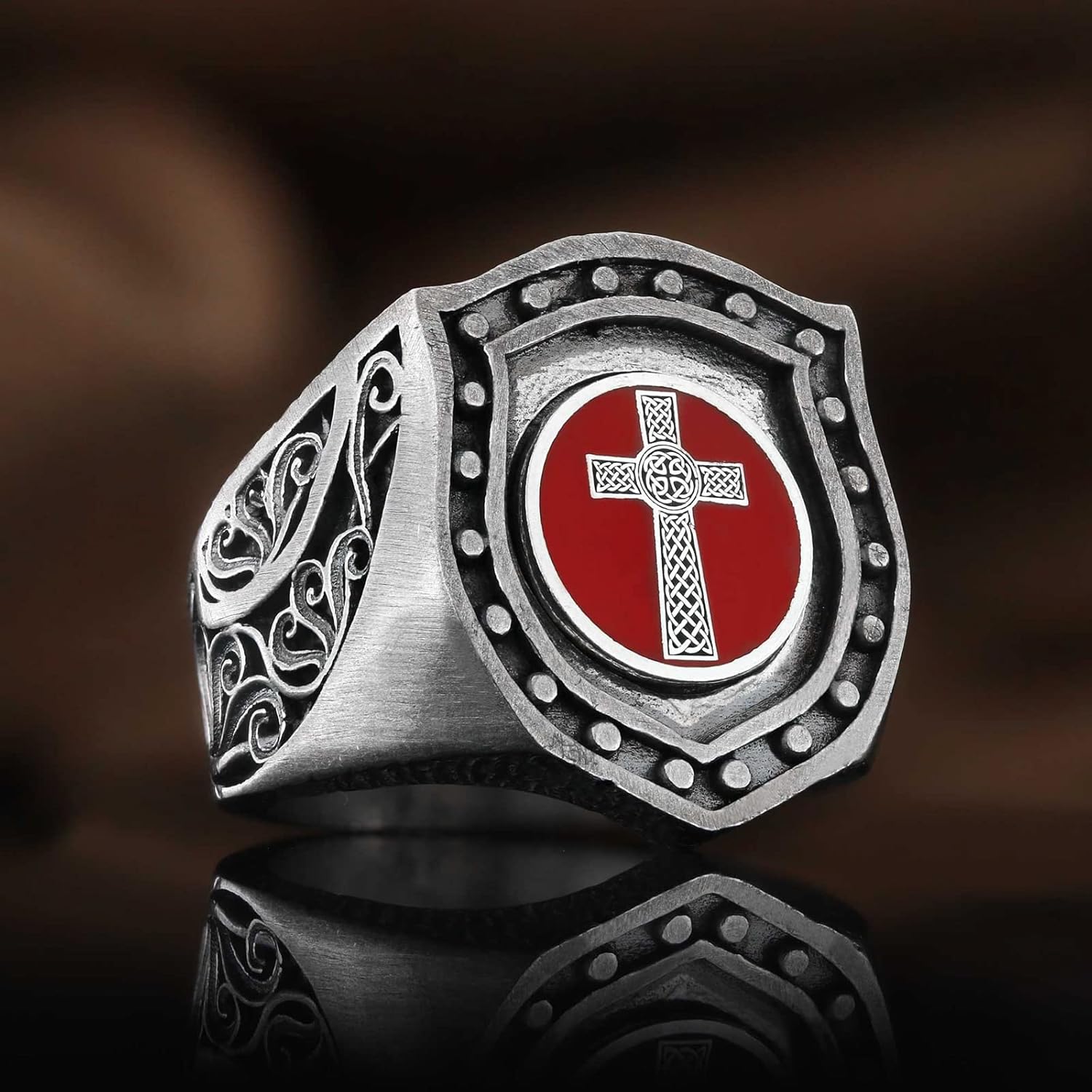Crusader Signet Ring, Handmade Christian Cross Statement Ring, Red Cross Christian Ring, Gold Coated Knights Templar Ring, Shield of Faith