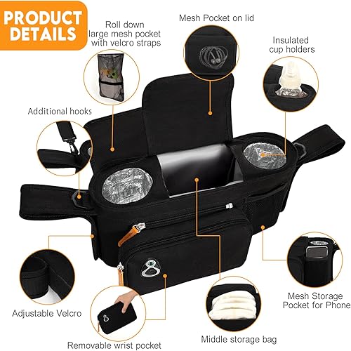 Miniatura 2 de Organizador universal para cochecito con portavasos aislado y soporte para teléfono, bolsillo grande, se adapta a la mayoría de cochecitos como Baby