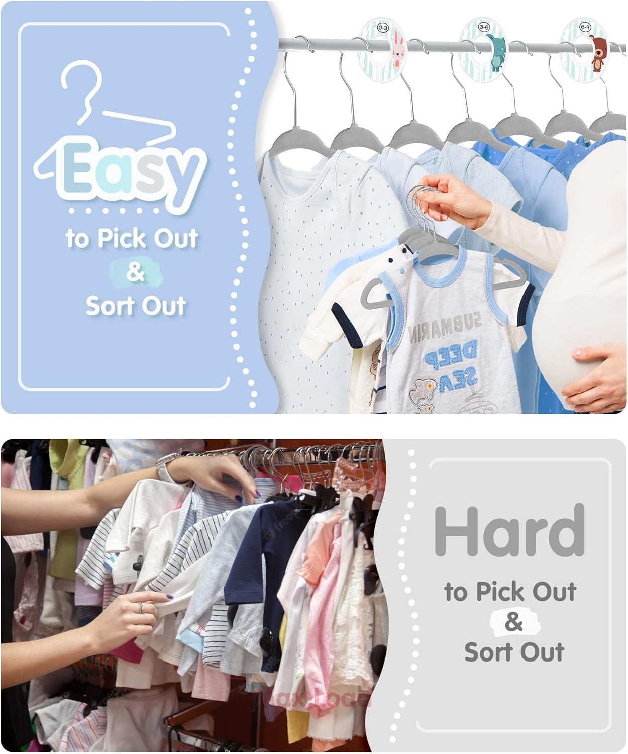 VIS'V Baby Hangers, 11 Inch Velvet Kids Hangers with 6 Pcs Clothes Size Dividers, Infant Toddler Nursery Closet Organization, Non Slip, Gray, 50 Pcs - Image 6