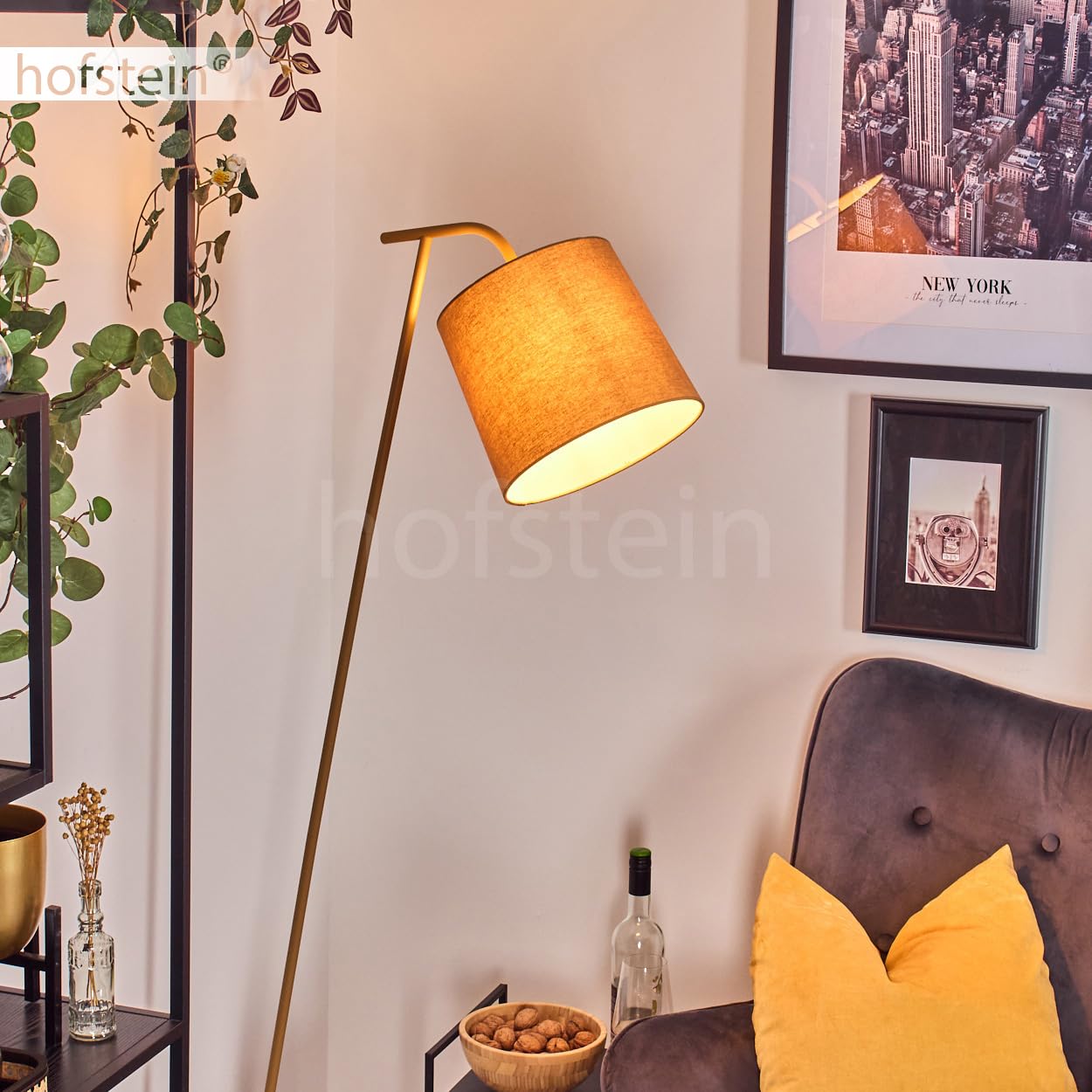 Lampada da terra Palmeiros, lampada da terra in metallo/tessuto beige/bianco, lampada in stile boho con paralume rotondo (Ø 25 cm) e interruttore a pedale, altezza 160 cm, 1 x E27, senza lampadina
