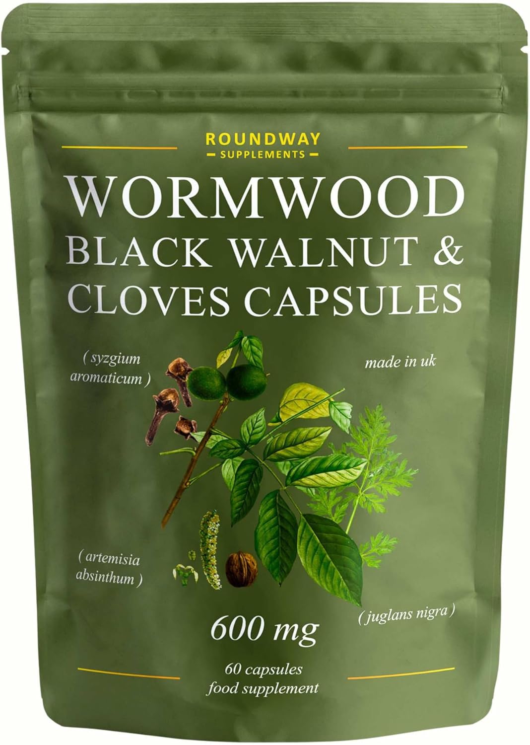 Wormwood Black Walnut and Clove Capsules | High Strength Supplement for Humans | 2 Months Supply | 60 Capsules, 600mg per Serving | Vegan Supplement and UK Made (Pack of 1)