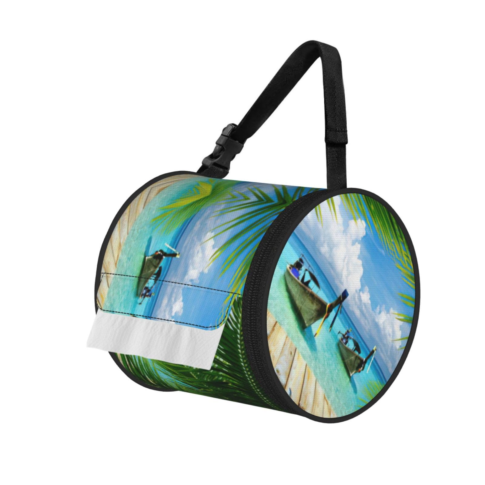 Seaside Boat Coconut Leaves Print Fashion Tissues Organizer Box, Hanging Tissue Holder For Purse Coins For Car Office Daily Outing