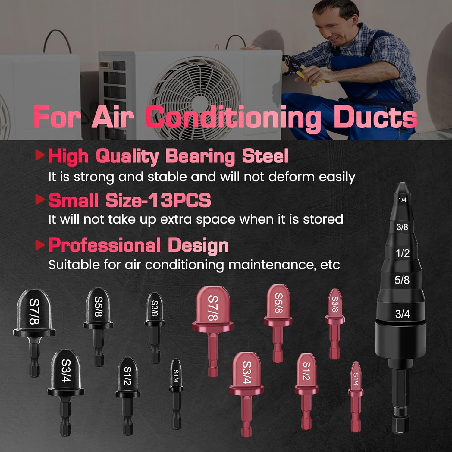 13PCS Copper Flaring Tool Pipe Expander with 5 in 1 Swaging Tool, HVAC Repairing Kit 1/4'',3/8'',1/2'',5/8'',3/4'',7/8'' Boring Drill Bit, Manual Swage Tool Hand Drill for Air Conditioner, Hakkin