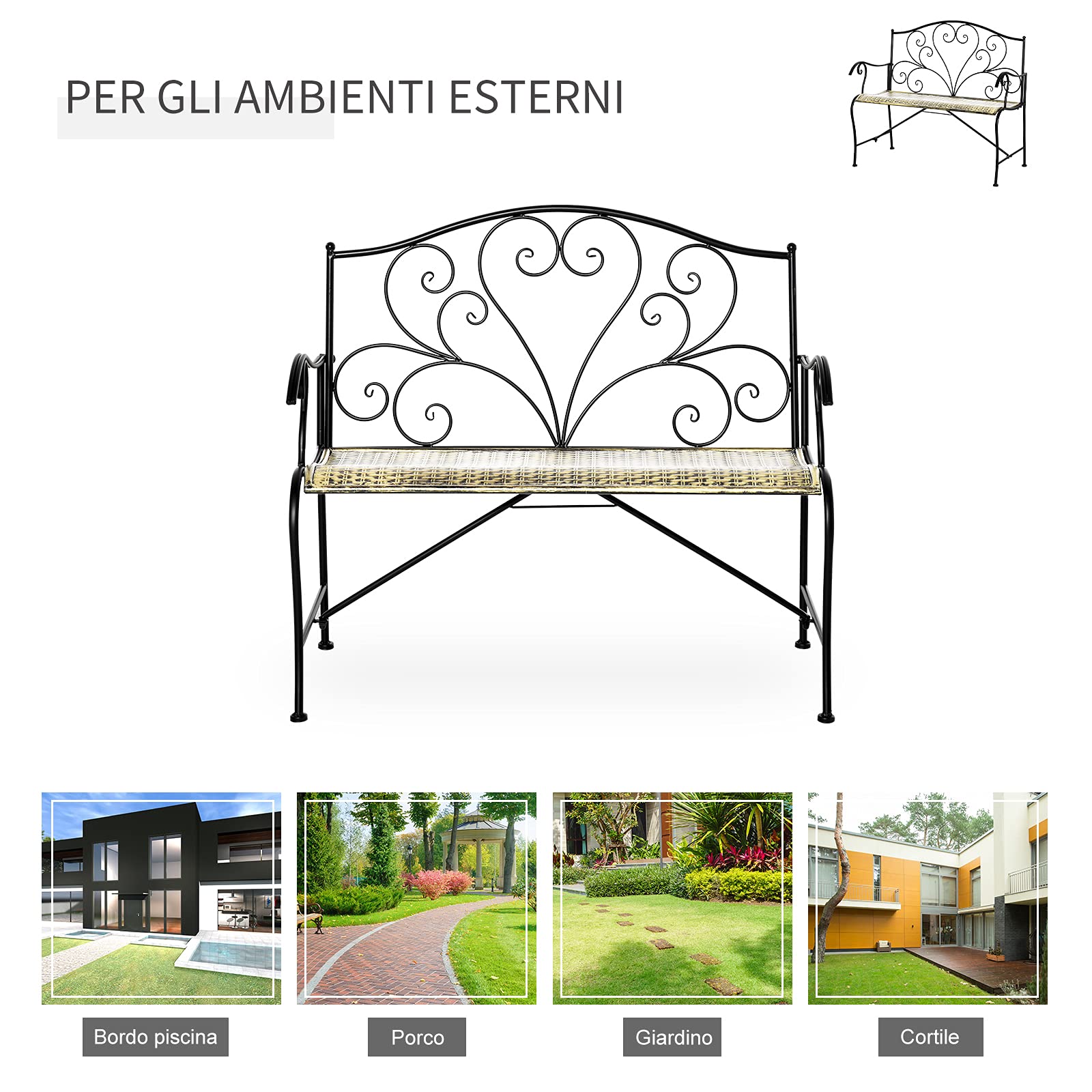 Outsunny Panchina da Giardino in Ferro, Panca da Esterno in Stile Vintage 2 Posti, 100x 50x88cm, Nero