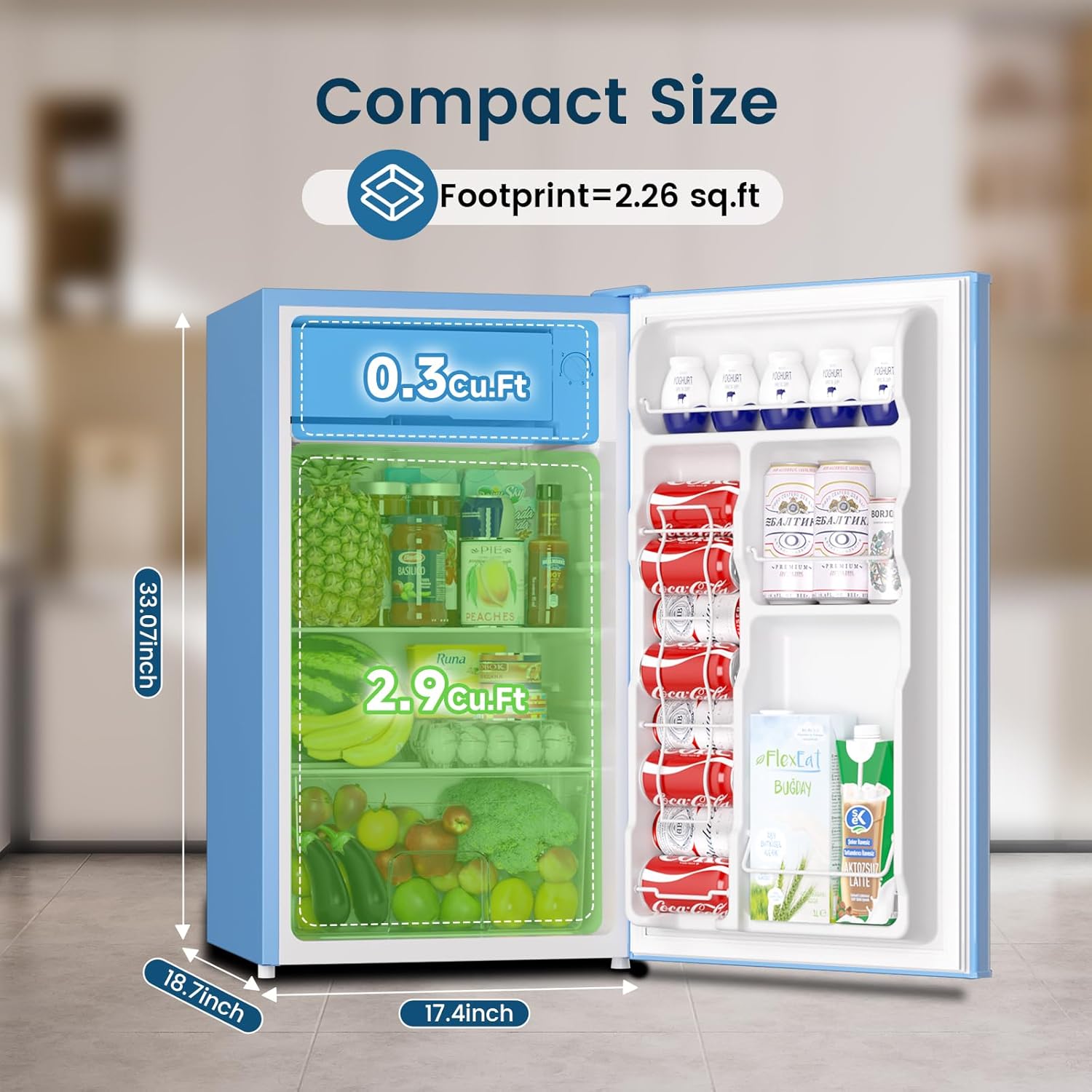 bangson mini fridge with freezer, 3.2cu.ft, single door small refrigerator, energy-efficient, low noise, mini fridge for bedroom dorm and office, blue