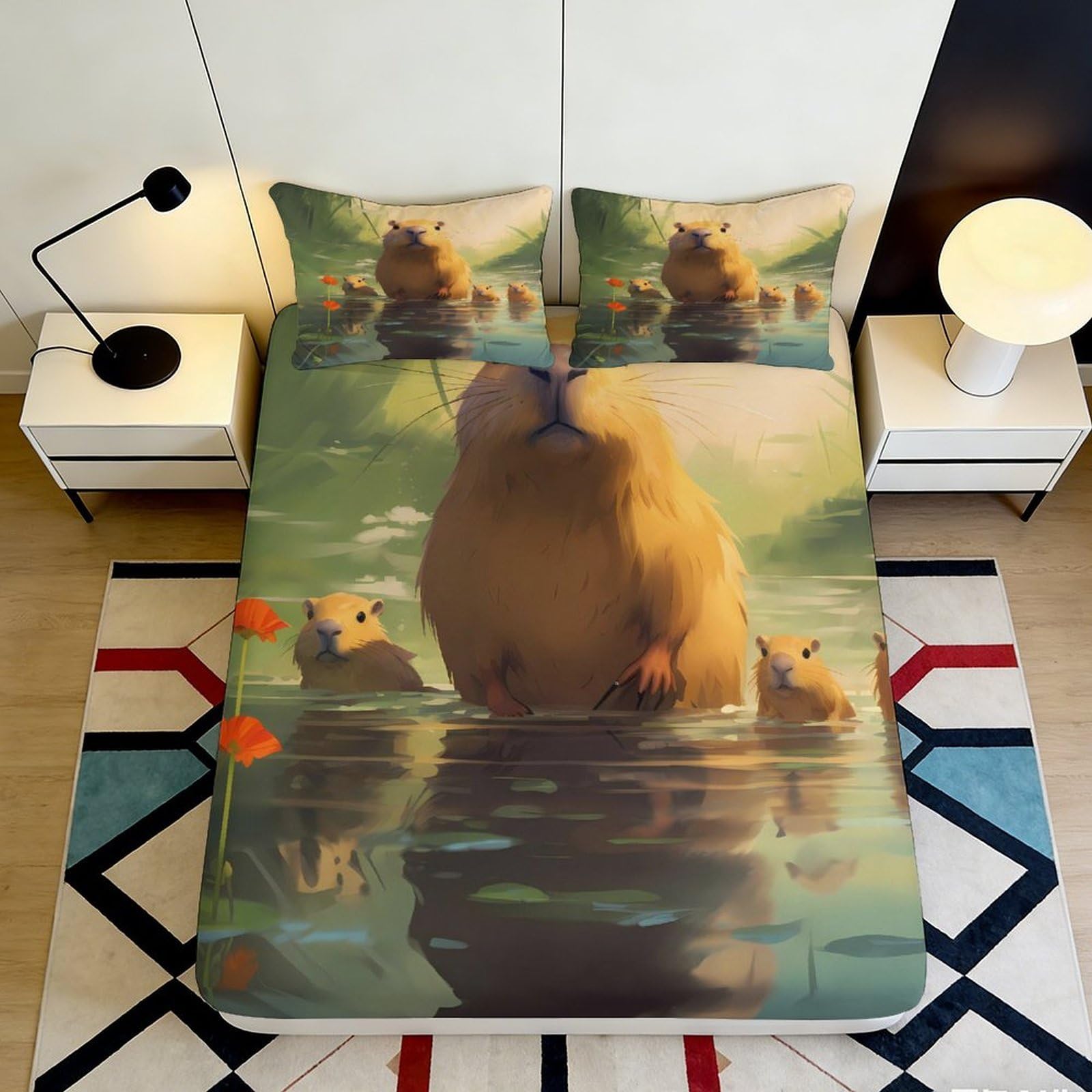 Uxinyoume Style-3 3D Printed Capybara Pond Fitted Sheet Microfiber Soft Decorative Animal Bed Cover For Bedroom Guest Room Dorm 90X200x25cm