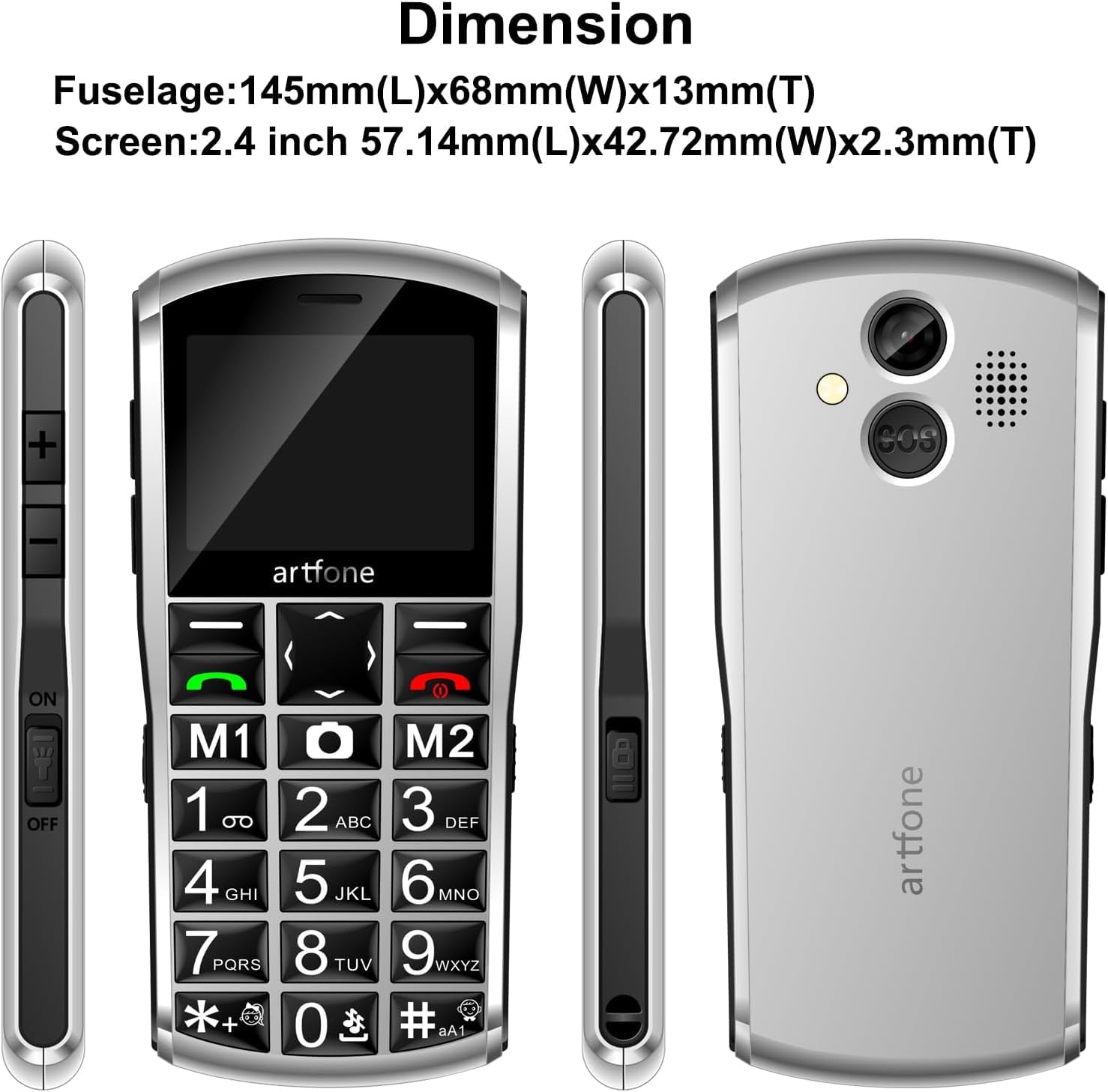 artfone A400 Plateado - 4G Teléfono Móvil para Mayores丨Movil con Teclas Grandes y Volumen Alto丨Dual SIM丨Botón SOS丨Base de Carga丨Batería 1800mAh丨Bloqueo de teclas丨Pantalla 2,4"丨Bluetooth丨Cámara de 2 MP