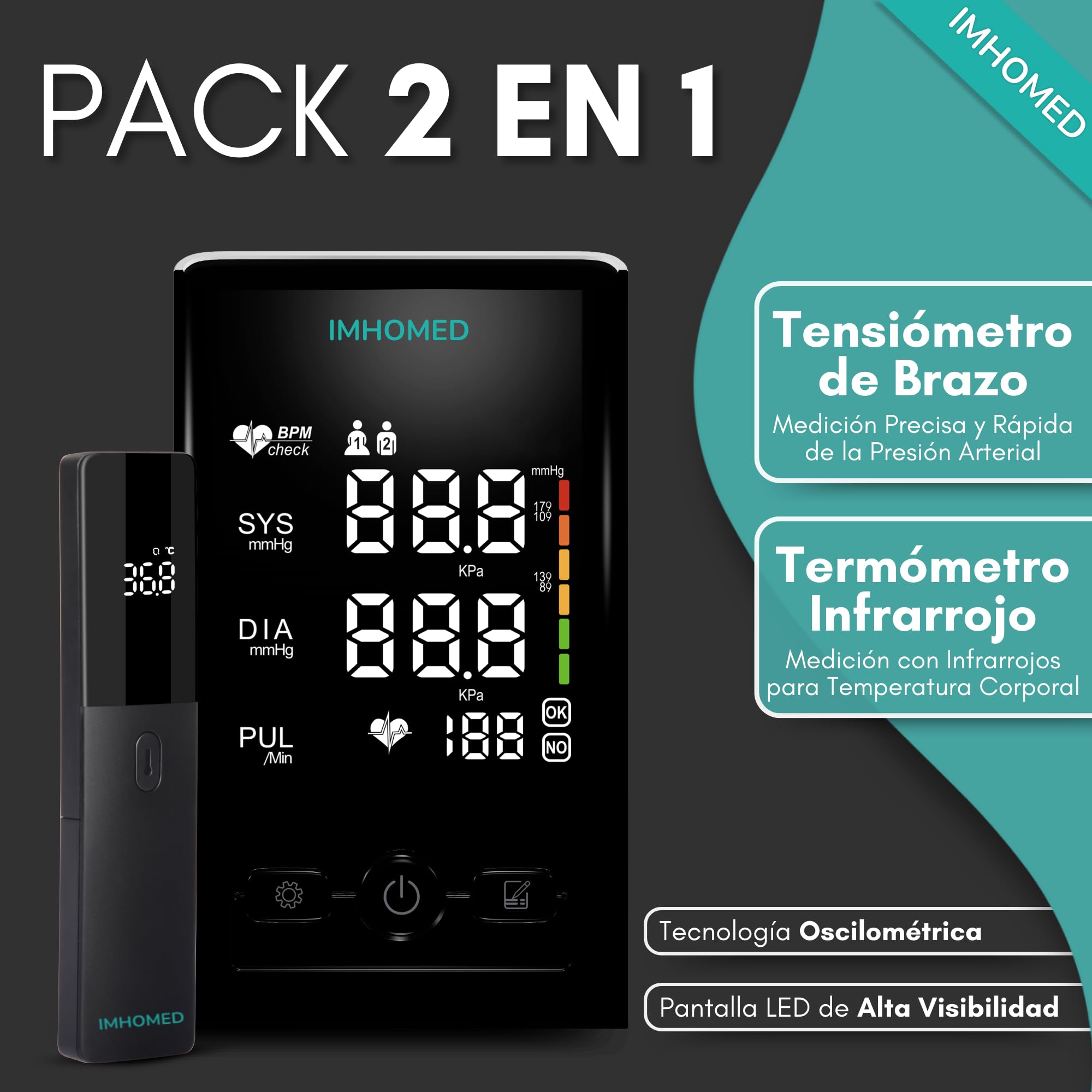 Tensiometro de Brazo Digital+Termometro Digital PACK PREMIUM, Uso Médico Validado, Doble Alimentación USB-C, Voz en Español, Pantalla HD, Medición Precisa Presión Arterial y Temperatura.