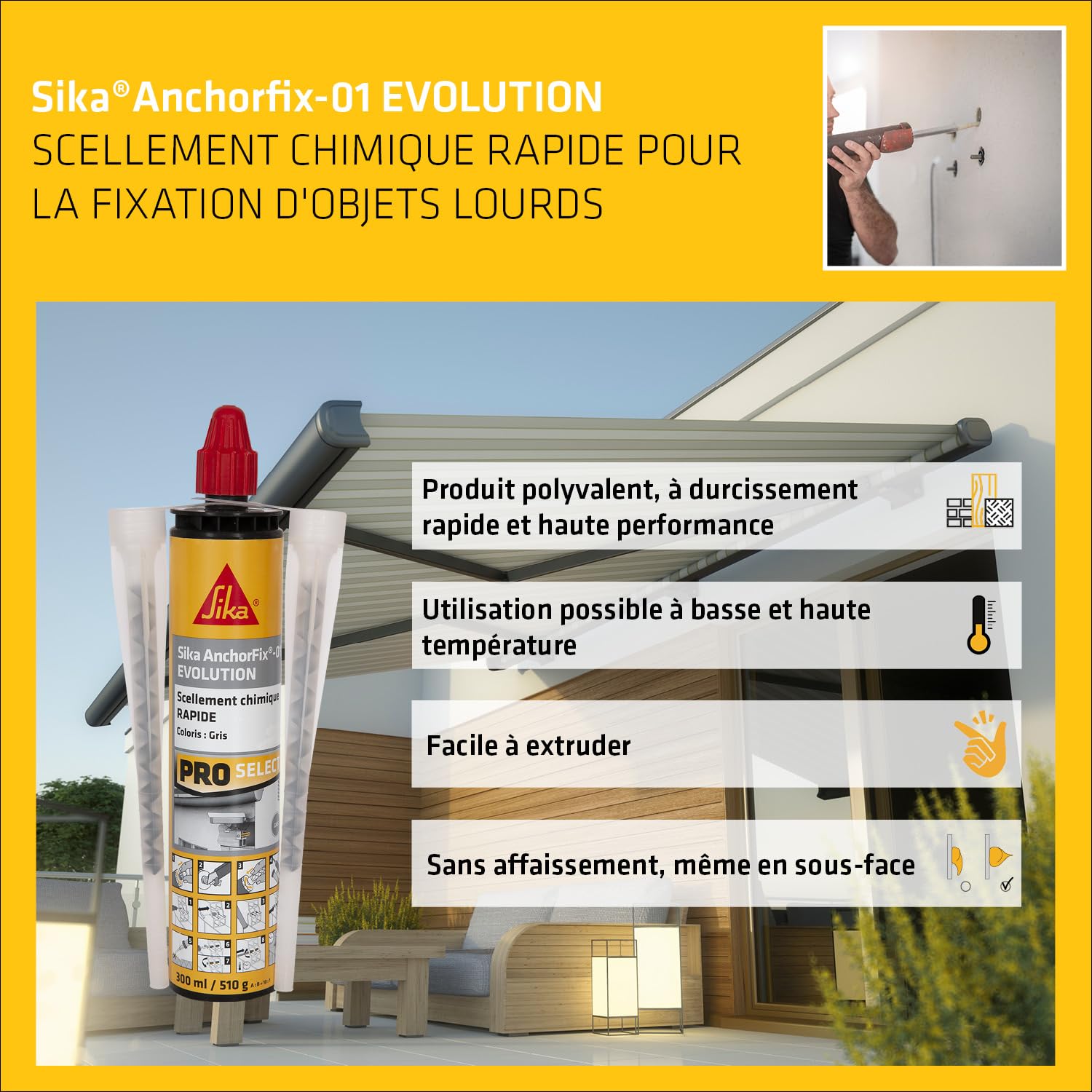 SIKA - Scellement chimique - Sika Anchorfix 01 Evolution Gris - Prise rapide - Int/Ext - Multi-matériaux - Fixation d'objets lourds - Scelle store, volet, portail, chauffe-eau, radiateur - 300ml