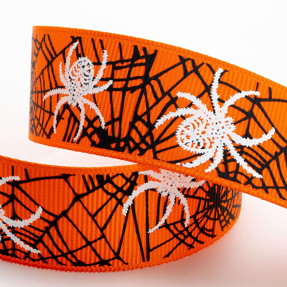 Italian Options Halloween Ribbon Spiders Web, 25mm x 5 Metres, Orange Grosgrain