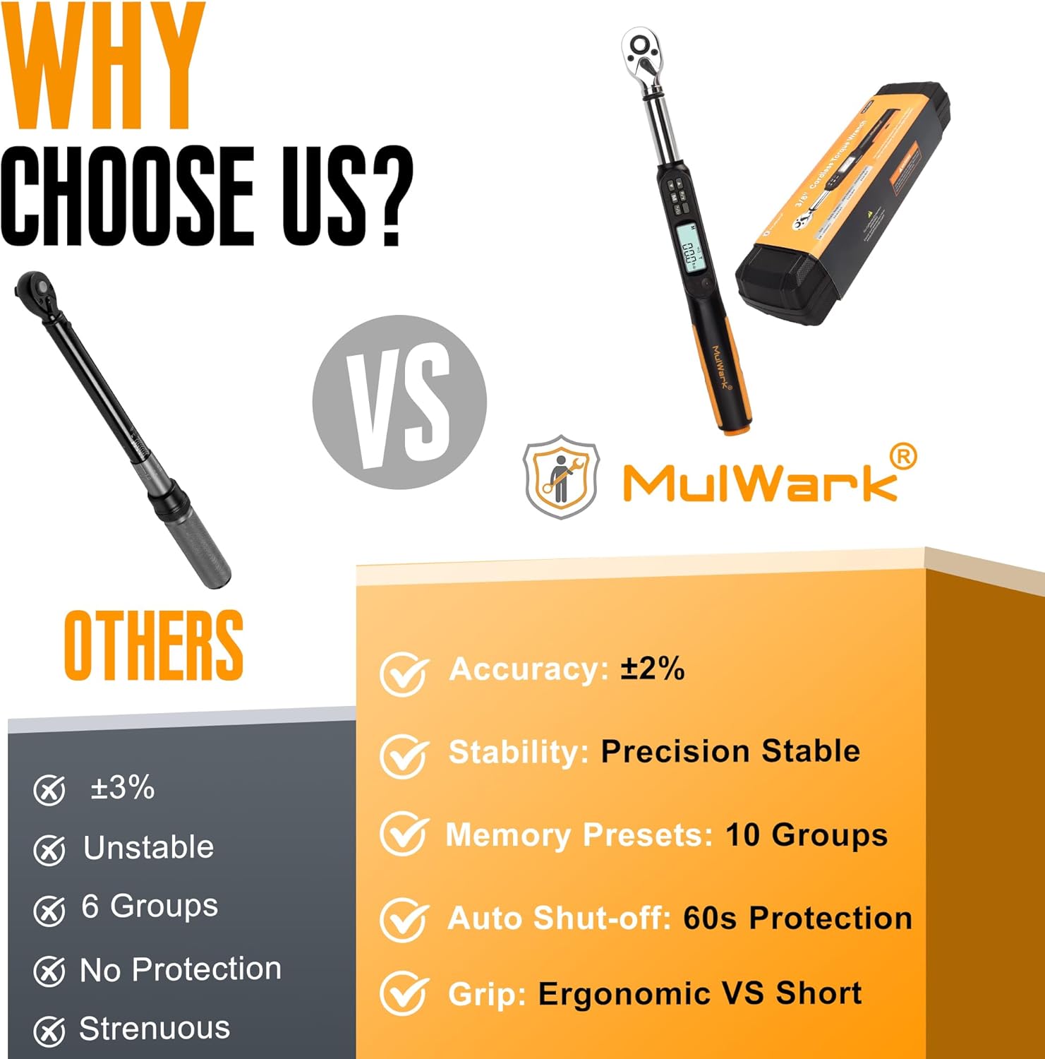 MULWARK 3/8" Digital Torque Wrench Electronic Set, with Buzzer & LED, 2.2-44.3 ft-lbs(3-60 Nm), High Precision Adjustable Bike Torque Wrenches Car Repairing Tool Calibrated with Storage Case