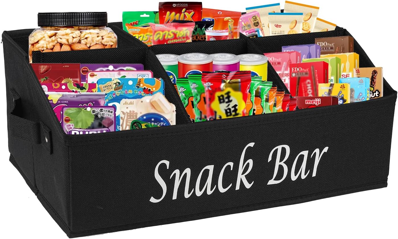 Snack Organizer for Countertop, Fabric Snack Bar Station with Handles, 6 Compartment Container, Black 【Patent Pending】