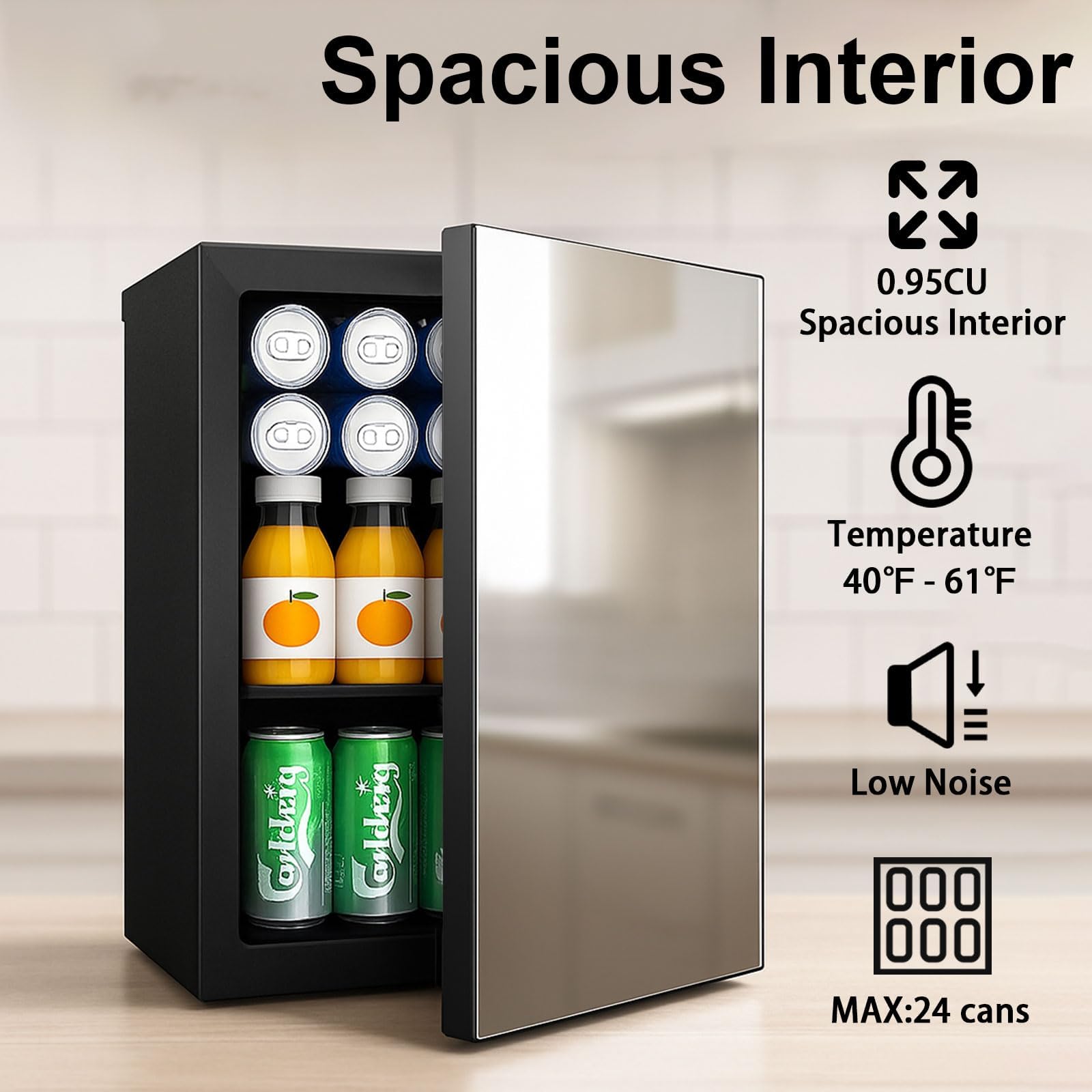 Okwf Compact Mini Fridge - 24 Cans/0.95 Cu.Ft Beverage Refrigerator With Mirrored Door & Digital Thermostat, Small Cosmetics Cooler For Skincare, Drinks, Food, Office, Dorm, Black on Fridge.com - View 6