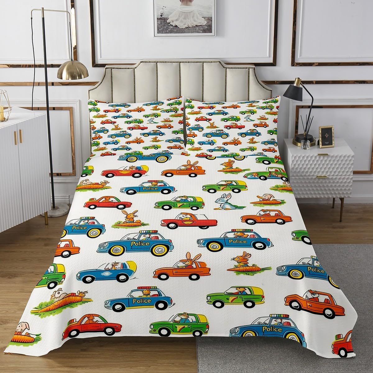 Erosebridal Car Bedspread Set Kawaii Rabbit Quilt Set Cute Carrot Queen Coverlet Set for Kids Boys Girls Teens Room Decor,Watercolor Cartoon Animals Bedding