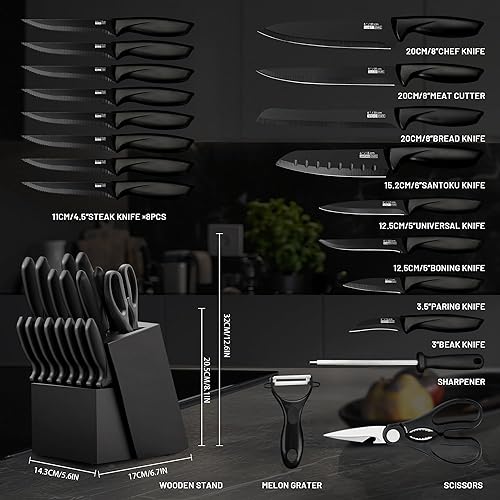 Miniatura 2 de Juego de 20 cuchillos para cocina con bloque, apto para lavavajillas, con afilador integrado, juego de cuchillos de acero inoxidable alemán negro