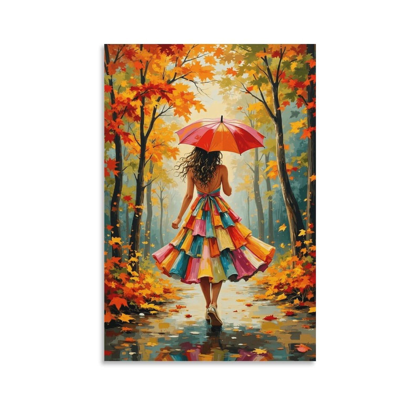 XPASHIQWC Woman with Umbrella Wall Decor Poster Autumn Forest Canvas Prints Picture Modern Wall Art Picture Wall Hanging for Bathroom Wall Decor 20x30inch(50x75cm)