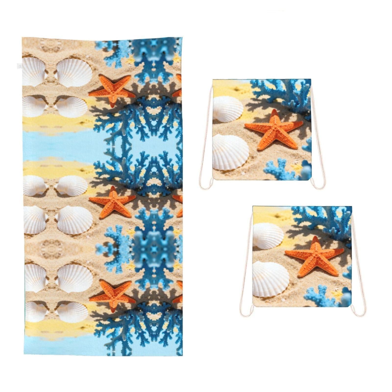 CNTDBU Starfish Coral 2 in 1 Packable Towel Bag-Large Beach Towel with Stuff Sack, Super Absorbent Microfiber Travel Towel for Pool