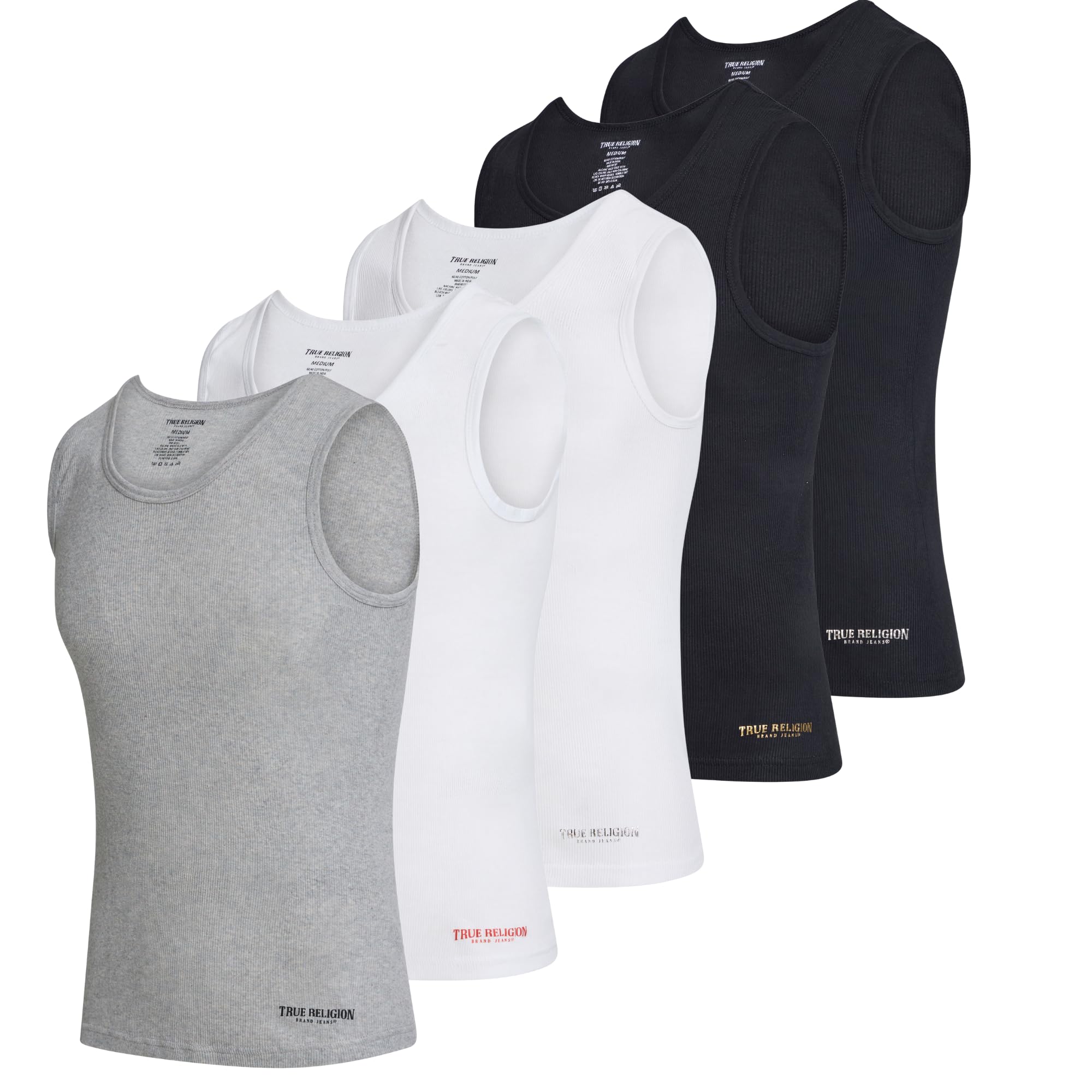 True Religion Lightweight Tank Tops for Men, 5 Pack Classic Ribbed Cotton Mens Undershirts