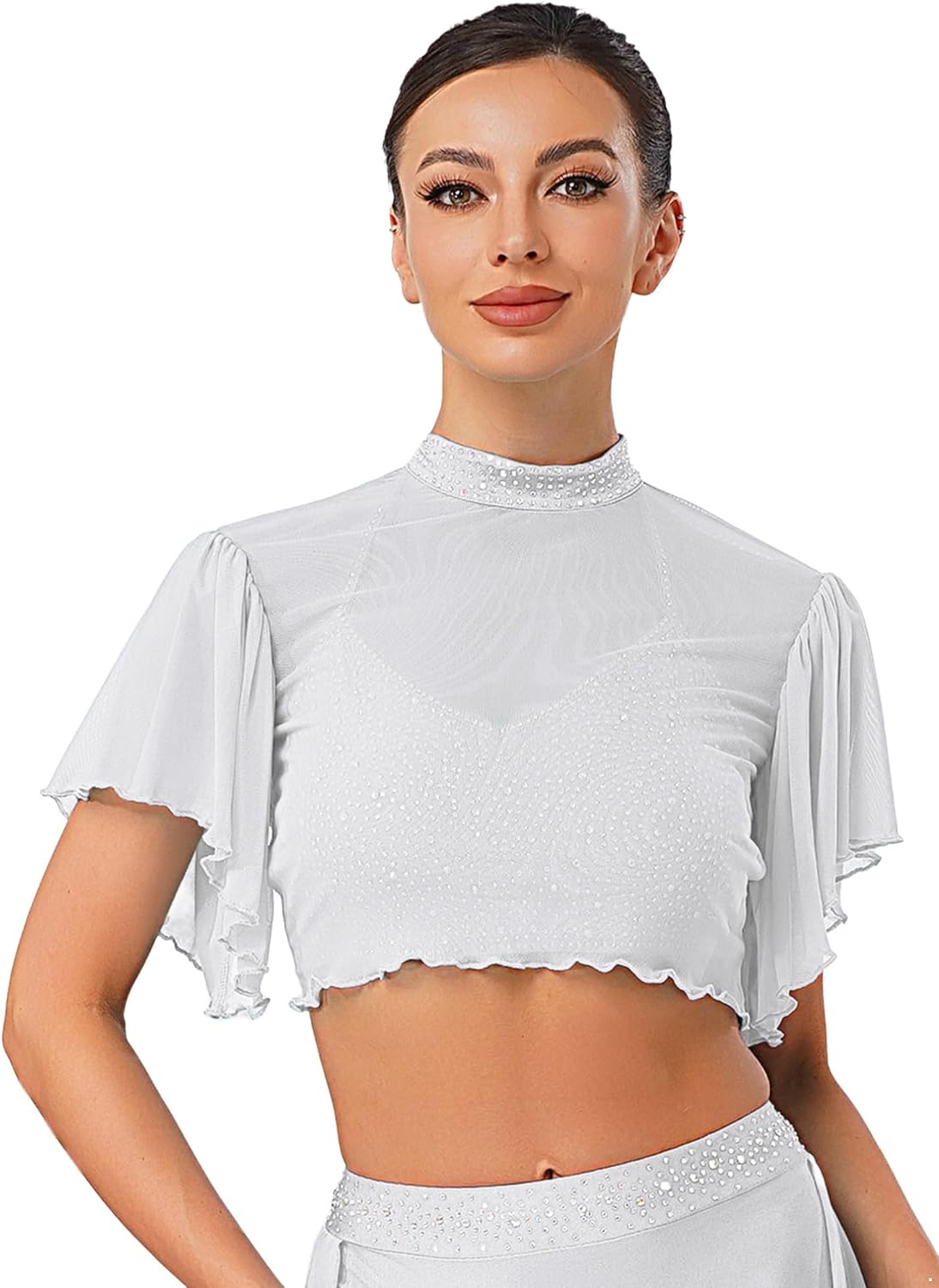 ranrann Mesh Tops for Women Dancing Clothing Ruffled Sleeve Choli Blouse Athletic Sports Cardigan Cover Up Top