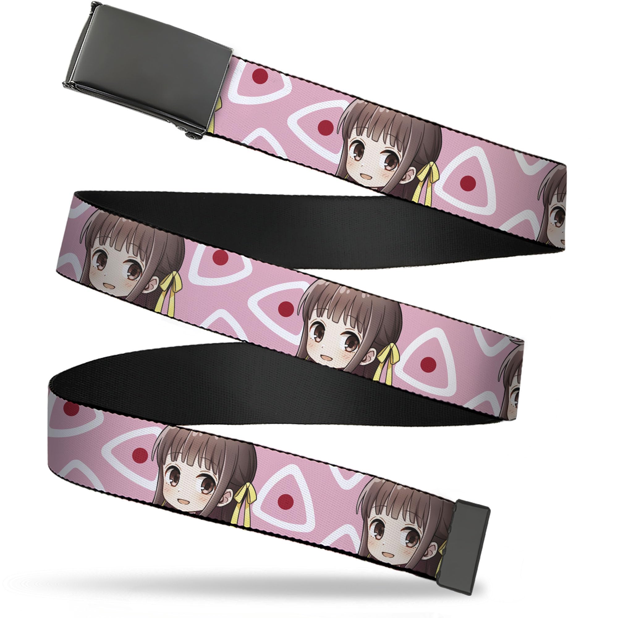 Buckle-Down Crunchyroll Belt, Flip Web Belt Fruits Basket Chibi Tohru Honda and Kimono Rice Ball Pink, 1.25 Inch Wide, Fits up to Size 42