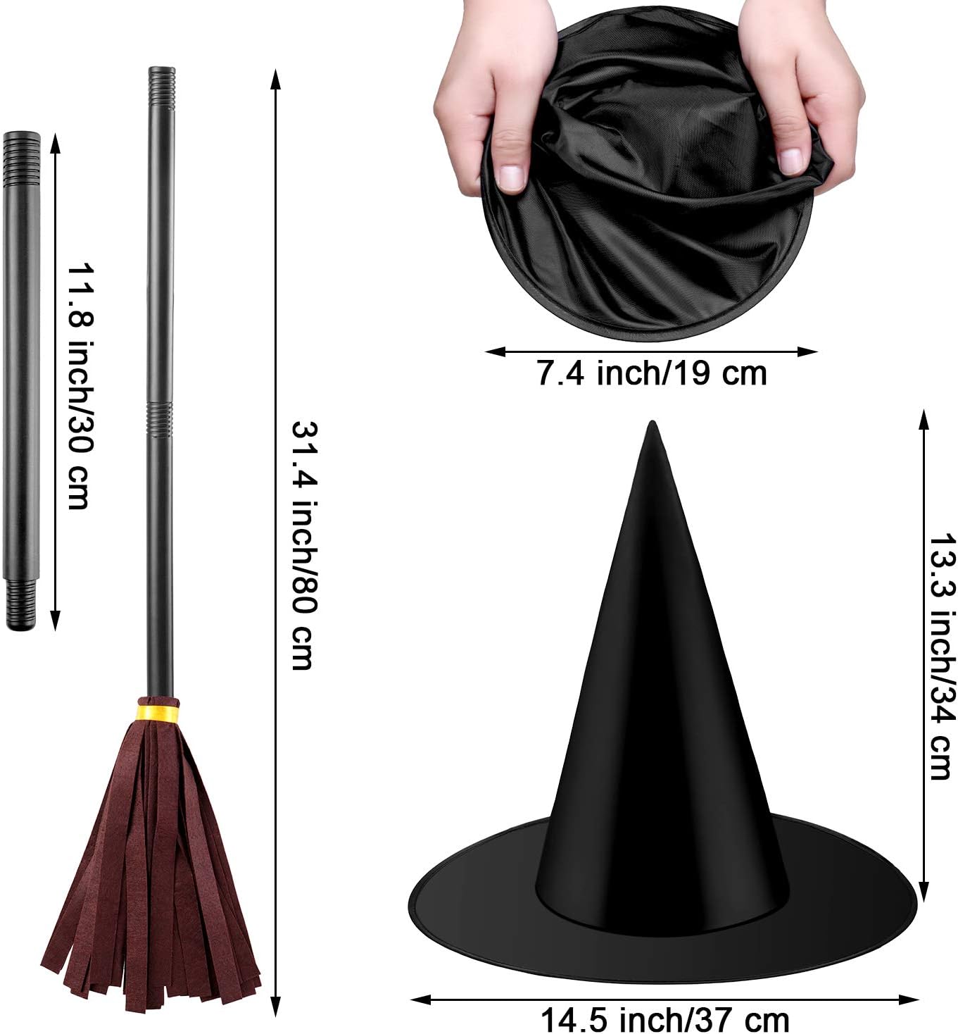 Skylety Witch Broom Hat Halloween Witch Costume for Kids Wizard Broomstick Black Wizard Hat Broom Halloween Party Cosplay