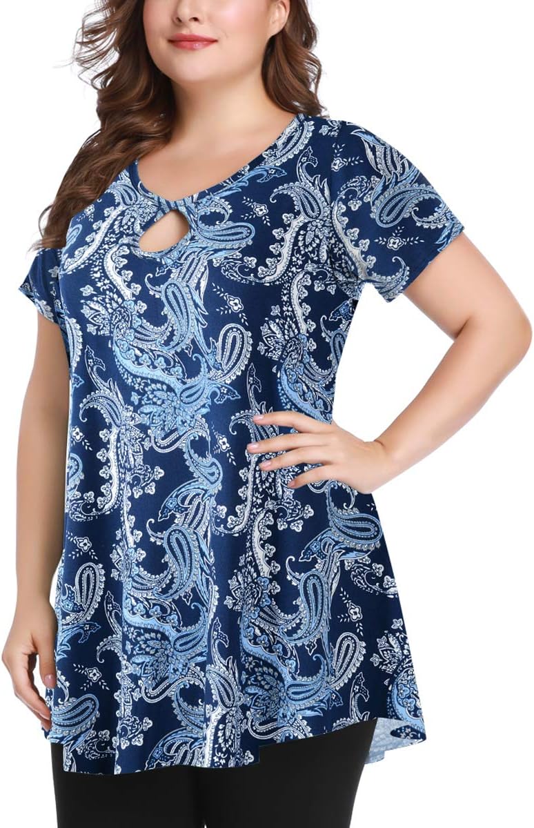 MONNURO Womens Plus Size Keyhole Short Sleeve Tops Summer Sexy Swing Tunics Casual Loose Flowy Shirts
